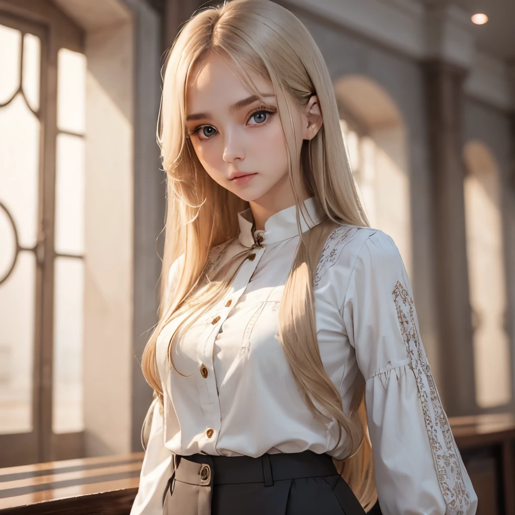 Girl, long soft brown-blonde hair, gray eyes, sharp features, white skin, blouse and pants style, patterned background.