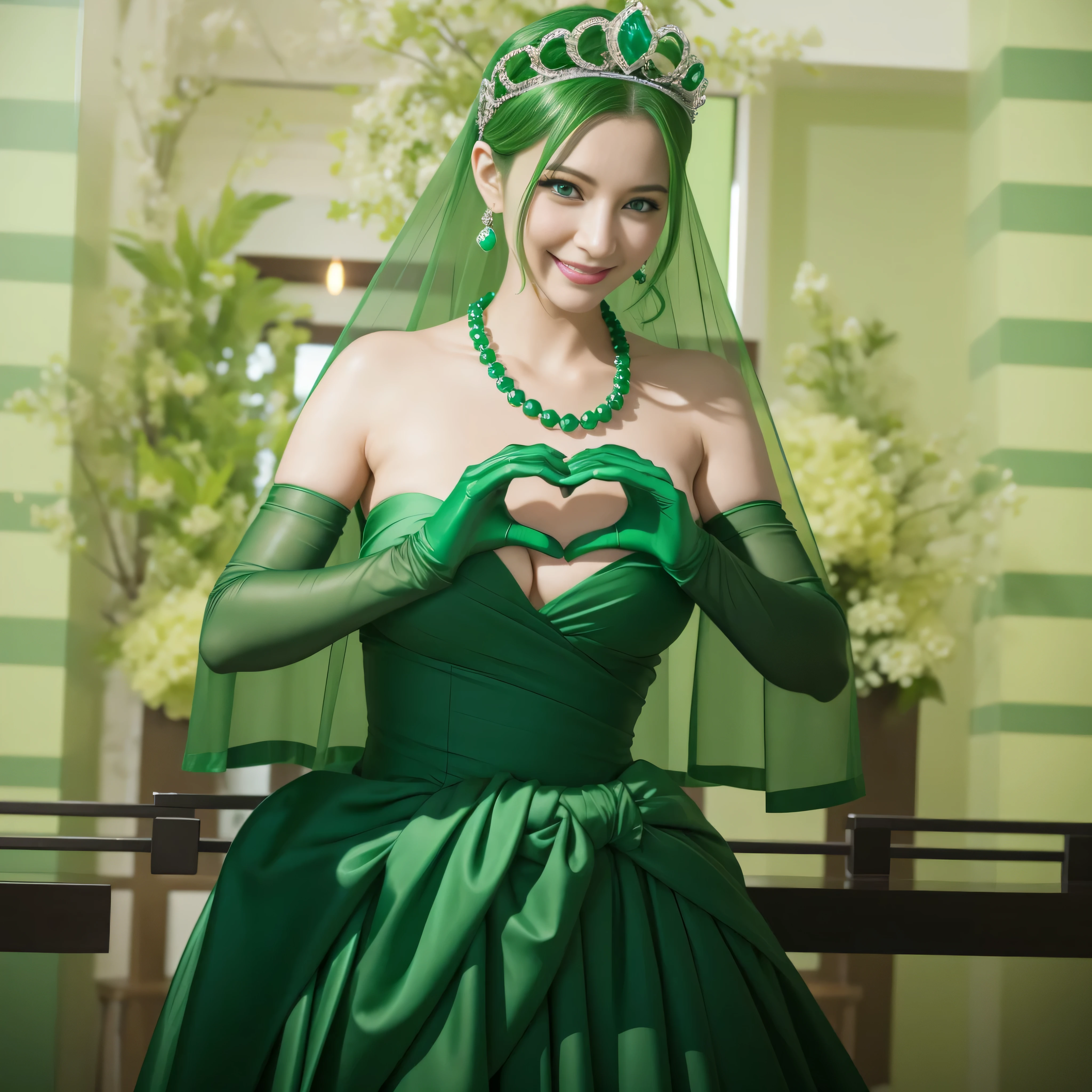 emerald tiara, Green Pearl Necklace, ボーイッシュな非常に短いgreen hair, lipstick, smiling Japanese woman, very short hair,  beauty of big breasts, green eyes, green satin long gloves, green eyes, emerald earrings, Green veil, Heart with both hands, green hair, beautiful japanese woman, heart shaped hands:1.3, green lip gloss