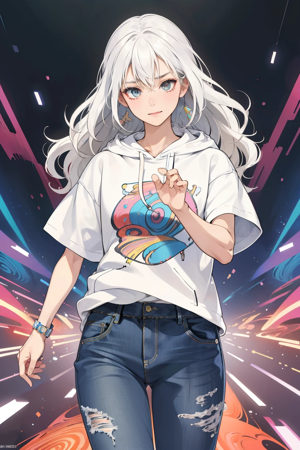 (disorganized, High resolution, super detailed), (1 girl:1.4, wavy white hair, cowboy shot), break , psychedelic art, Bright colors, Swirl pattern, Optical illusion, Hallucinatory visuals, Images that expand the mind, counterculture influence break , pantomime art, expressive body language, quiet story, evocative gesture, visual story, theatrical performances break , casual style, jeans, T-shirt, sneakers, hoodie, Simple accessories, comfortable clothing