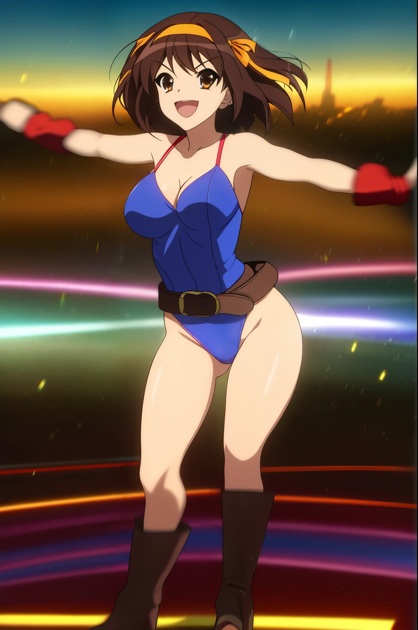1girl, medium breasts, leotard, blue and red leotard, tight belt, bare legs, boots, matching boots, bracelets, city backdrop, solo, single, standing, full body shot, cowboy shot, beautiful detailed eyes, haruhi, looking_at_viewer, smile, short_hair, open_mouth, bangs, brown_hair, ribbon, cleavage, brown_eyes, hair_ribbon, :d, hairband, medium_hair, v-shaped_eyebrows, orange_hairband, spread arms, spinning, spins fast in place like a tornado, twirling in place, tornado spinning, rapid gyration, space backdrop, motion blur, speed lines, tornado