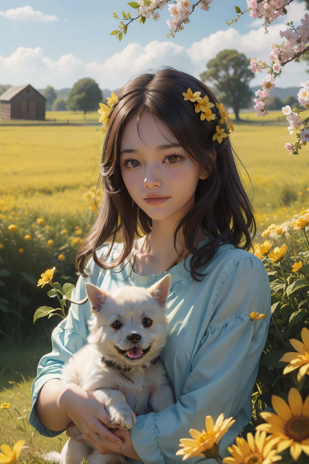 A delightful scene of a -face enjoying a lovely spring day. The dog, with its cute and youthful features, is surrounded by beautiful yellow flowers and the wonders of nature. The illustration is rendered in high definition in 4K resolution, boasting very intricate and detailed visuals. The dog's fur is a rich, brunette color that complements the vibrant hues of the blooming flowers. Country lanes and a fenced hut can be seen in the background, adding to the idyllic atmosphere. The cartoon-style illustration showcases an astonishingly beautiful and aesthetic masterpiece, with a best quality, ultra-detailed composition. RAW imagery capt