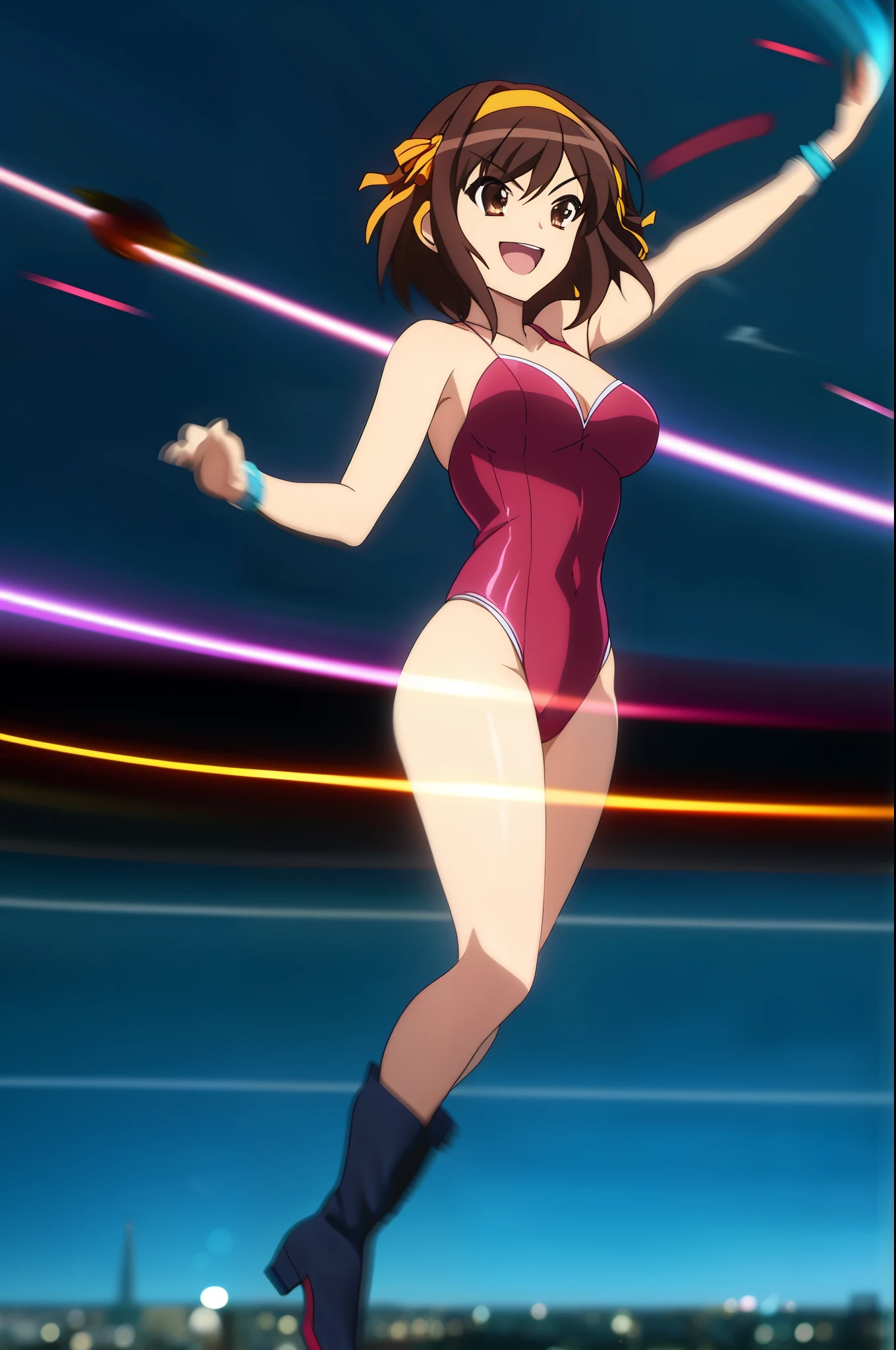 1girl, medium breasts, leotard, blue and red leotard, tight belt, bare legs, boots, matching boots, bracelets, city backdrop, solo, single, standing, full body shot, cowboy shot, beautiful detailed eyes, haruhi, looking_at_viewer, smile, short_hair, open_mouth, bangs, brown_hair, ribbon, cleavage, brown_eyes, hair_ribbon, :d, hairband, medium_hair, v-shaped_eyebrows, orange_hairband, spread arms, spinning, spins fast in place like a tornado, twirling in place, tornado spinning, rapid gyration, space backdrop, motion blur, speed lines, tornado