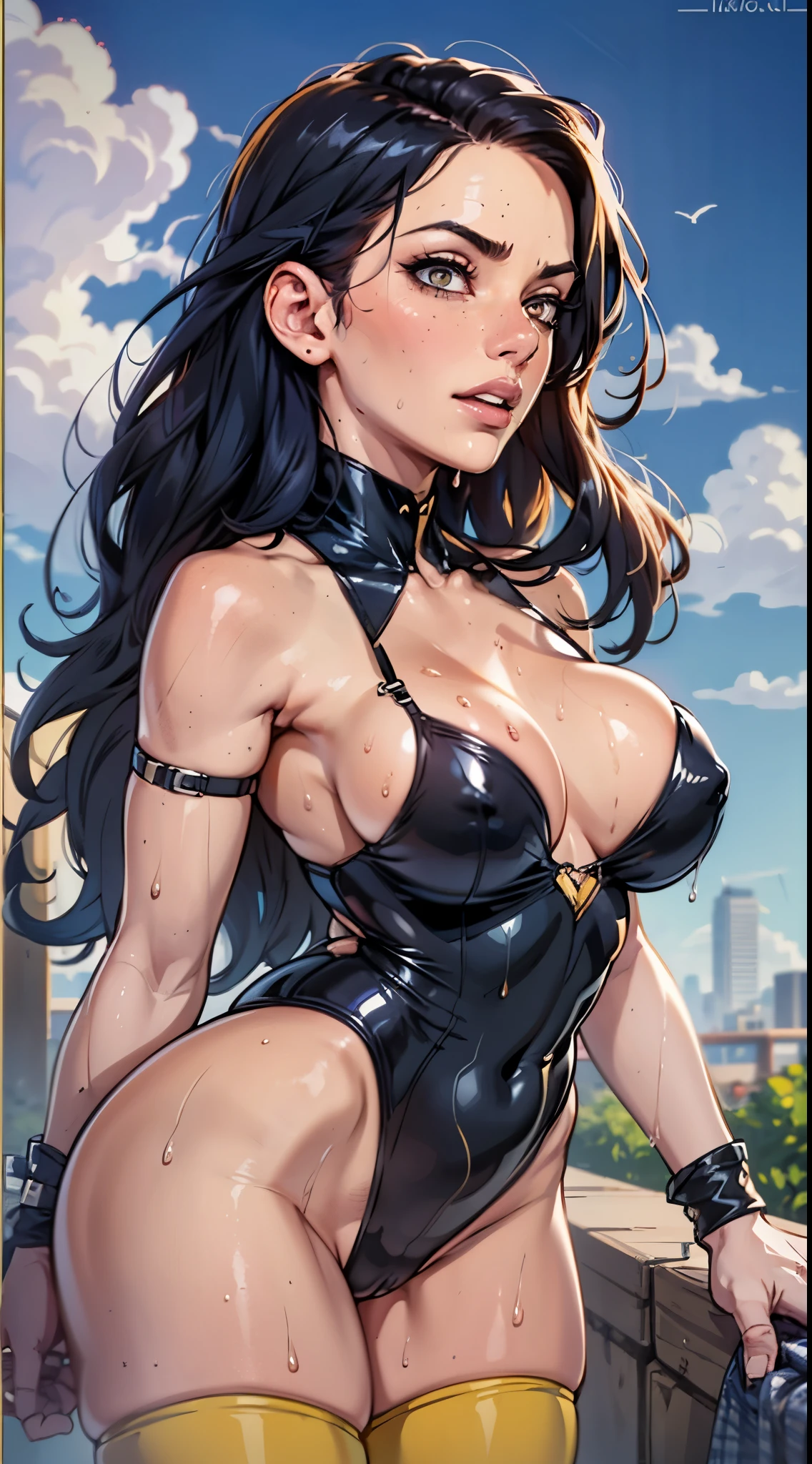1girll,Huge breasts,Supergirl, Wearing a Superman uniform,独奏, hair adornments, She's wet, ,A defiant expression,, Skysky,the night,themoon, She has long flowing hair, exposed bare shoulders, standing on your feet,Bigchest, wetclothes, From the front side, hair straight, mostly cloudy sky, Wet hair (((tmasterpiece),(Very detailed CG unity 8K wallpaper),best qualtiy,,独奏,1girll,cinmatic lighting,detailed back ground,beatiful detailed eyes,Bright pupils,(Very fine and beautiful),(Beautiful and detailed eye description),ultra - detailed,tmasterpiece,)),facing at camera,Protruding underparts,Camel toes,absurderes,A high resolution,ultra - detailed),she is soaking wet,1girll,独奏,mature,(Very long hair,brunette color hair)Emotive expressions,Open-mouthed,Pussy bulge,Camel toes,Protruding ,extremely large bosom,Raised sexy,Colorful,Most detailed,exteriors,fully body photo
