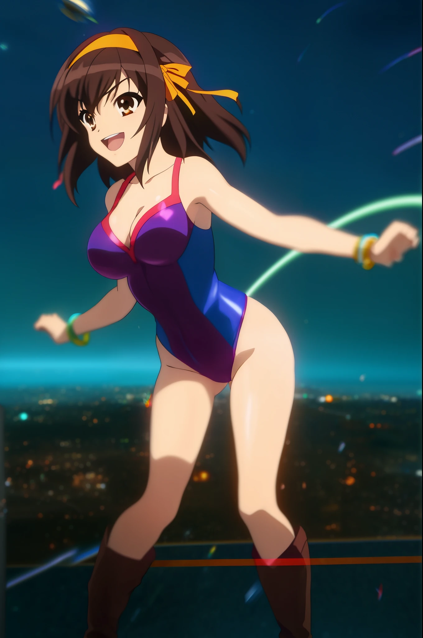 1girl, medium breasts, leotard, blue and red leotard, tight belt, bare legs, boots, matching boots, bracelets, city backdrop, solo, single, standing, full body shot, cowboy shot, beautiful detailed eyes, haruhi, looking_at_viewer, smile, short_hair, open_mouth, bangs, brown_hair, ribbon, cleavage, brown_eyes, hair_ribbon, :d, hairband, medium_hair, v-shaped_eyebrows, orange_hairband, spread arms, spinning, spins fast in place like a tornado, twirling in place, tornado spinning, rapid gyration, space backdrop, motion blur, speed lines, tornado, time warp