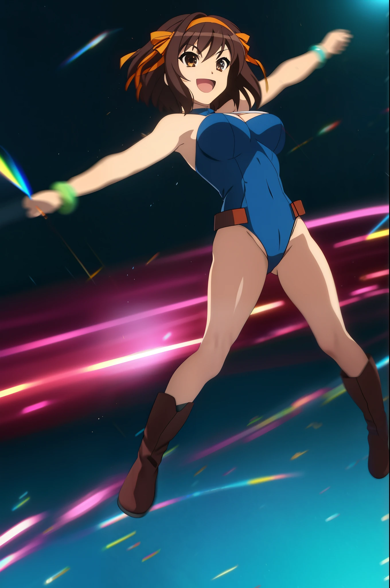 1girl, medium breasts, leotard, blue and red leotard, tight belt, bare legs, boots, matching boots, bracelets, city backdrop, solo, single, standing, full body shot, cowboy shot, beautiful detailed eyes, haruhi, looking_at_viewer, smile, short_hair, open_mouth, bangs, brown_hair, ribbon, cleavage, brown_eyes, hair_ribbon, :d, hairband, medium_hair, v-shaped_eyebrows, orange_hairband, spread arms, spinning, spins fast in place like a tornado, twirling in place, tornado spinning, rapid gyration, space backdrop, motion blur, speed lines, tornado, time warp