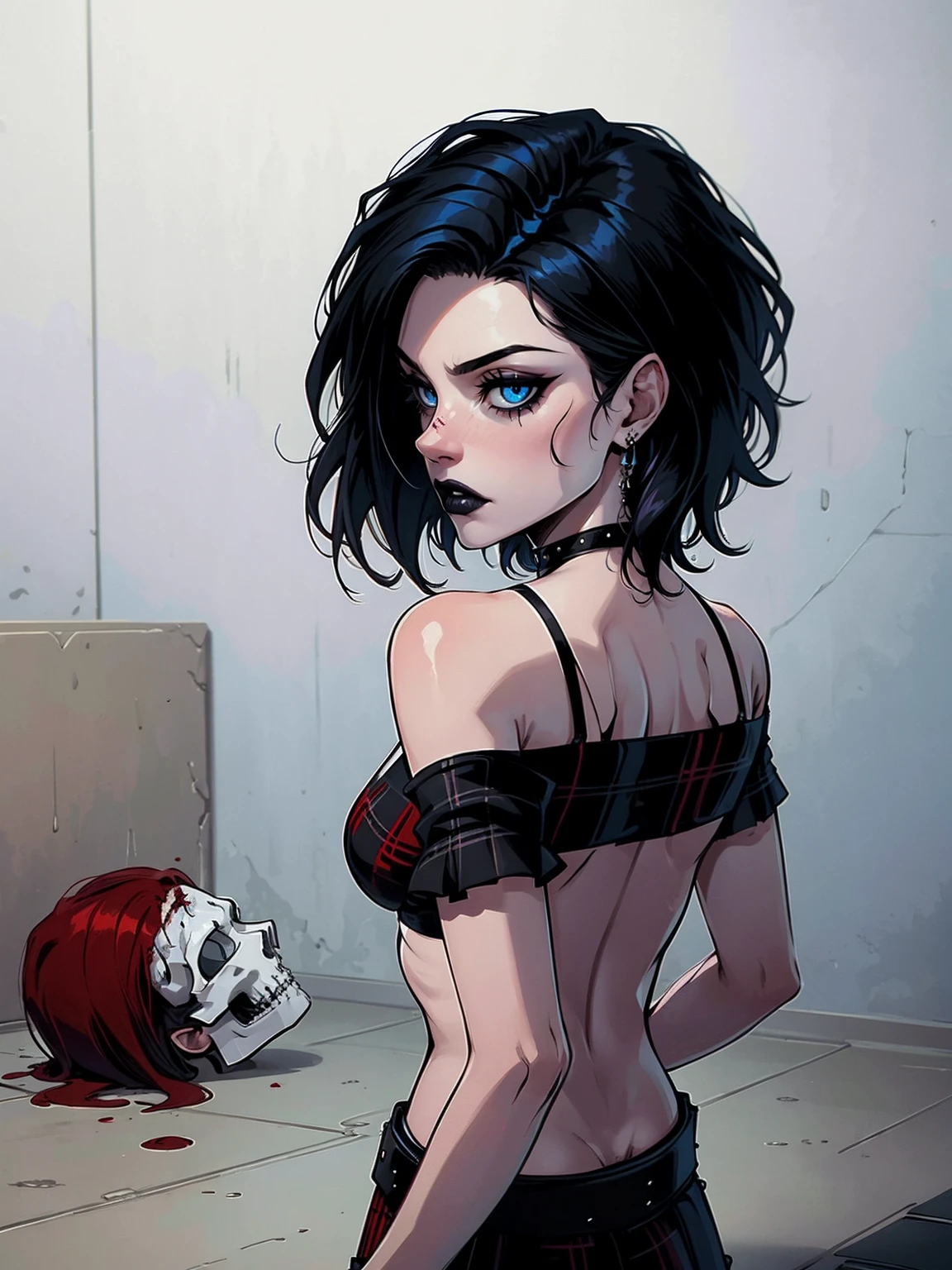 a woman with short black hair, hair on shoulders, wearing a black cropped and plaid skirt, blue eyes, zombie art, gothic art, cute aesthetic with vibe, toon aesthetic, wearing red costume, wearing gothic accessories, look like Cassie Hack, upper body, walking on the floor, backwards, looking back, holdilng a skull in her hands, , white background