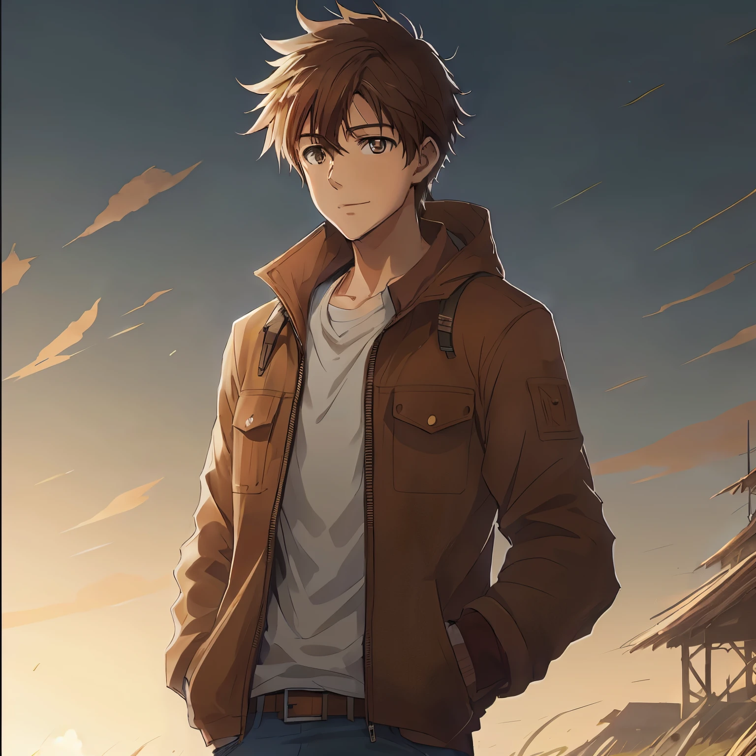 anime - style image of a man in a brown jacket in front of a building, estilo de arte makoto shinkai, makoto shinkai. digital rendering, estilo makoto shinkai, makoto shinkai ( apex legends ), makoto shinkai!!, makoto shinkai!, Homem bonito de anime, estilo de Makoto Shinkai, jovem anime homem