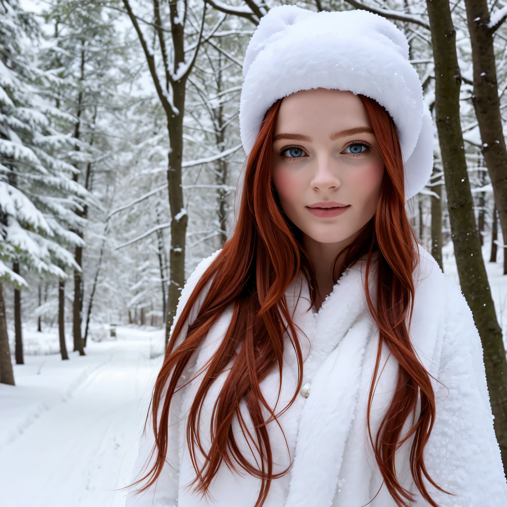 promenade dans la neige en forêt, photo du coprs complet d&#39;une jolie fille rousse de 20 ans, roux, (Avoir l’air timide:1.3), taches de rousseur, visage détaillé, peau détaillée, beau corps, grands yeux bleus ronds, eye-liner noir, lèvres sensuelles, pleine nature, aime la nature
