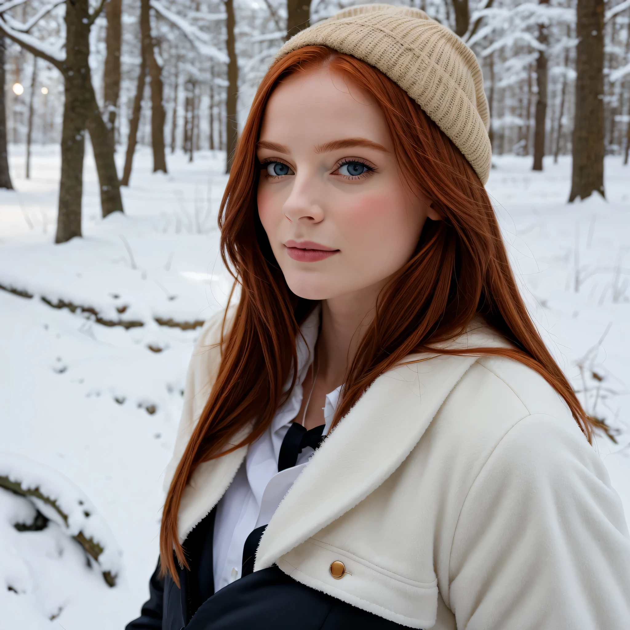 promenade dans la neige en forêt, photo du coprs complet d'une jolie fille rousse de 20 ans, roux, (Avoir l’air timide:1.3), taches de rousseur, Visage détaillé, Peau détaillée, beau corps, grands yeux bleus ronds, eye-liner noir, lèvres sensuelles, pleine nature, aime la nature