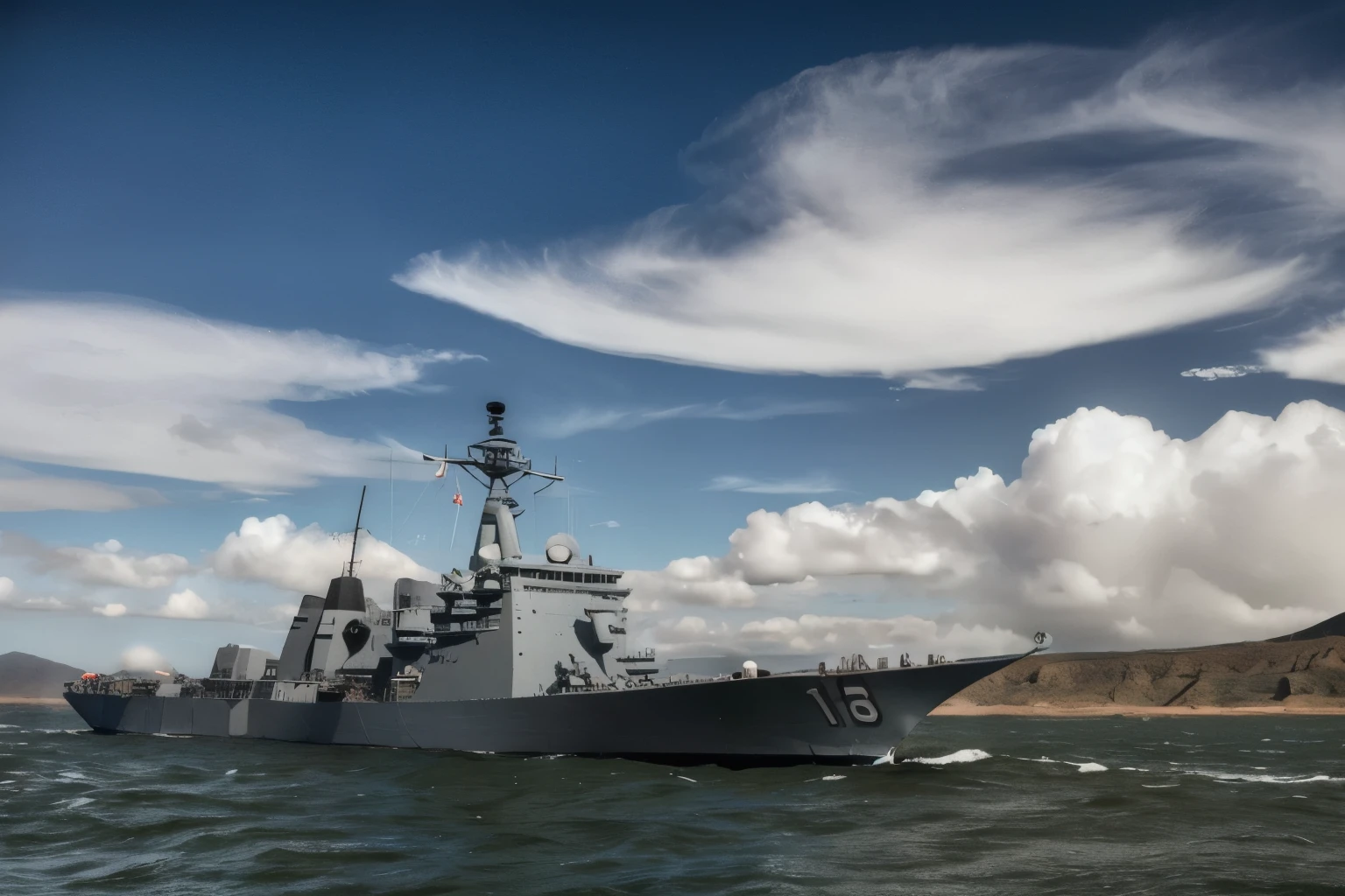 arafed navy ship in the water with a cloudy sky, warship, kirokaze and paul robertson, yuyushiki, naval landscape, warships, kirokaze, naval background, realistic warship design, ussg ishimura, profile shot, yamato, by John Murdoch, former, front view dramatic, battleship, photo shot