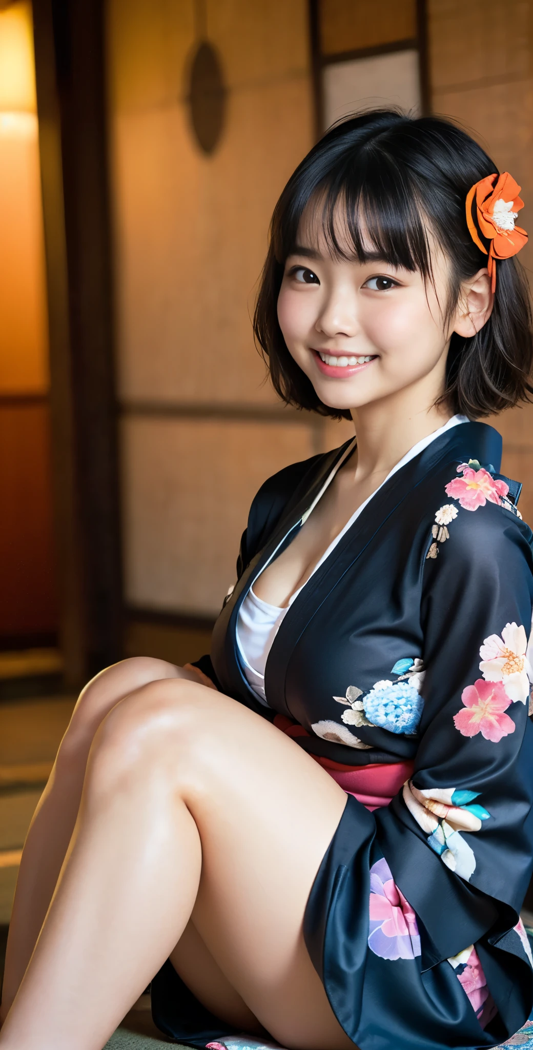 (8k、Raw photography、highest quality、masterpiece:1.2),(black haired、very short hair:1.7),show viewer,Looking at the front,erotic,white skin,(Wearing a kimono with a colorful floral pattern:1.6)、(Clothing that emphasizes the shape of your chest、expose one's skin:1.5)、(big breasts :1.4)、slim body shape、ultra high resolution,beautiful,beautiful fece,(alone, alone、no background:1.9),whole bodyボディー,japanese woman,(Photoreal:1.37)、photon mapping,reality、(Baby-faced and cute: 1.0)、(cute smile: 1.7)、(With a round face: 1.8)、radio city、Physically based rendering、depth of field rally background、photograph, (I can see your knees,close up of thighs、short kimono、I can see your pants:1.6),whole body、super fine