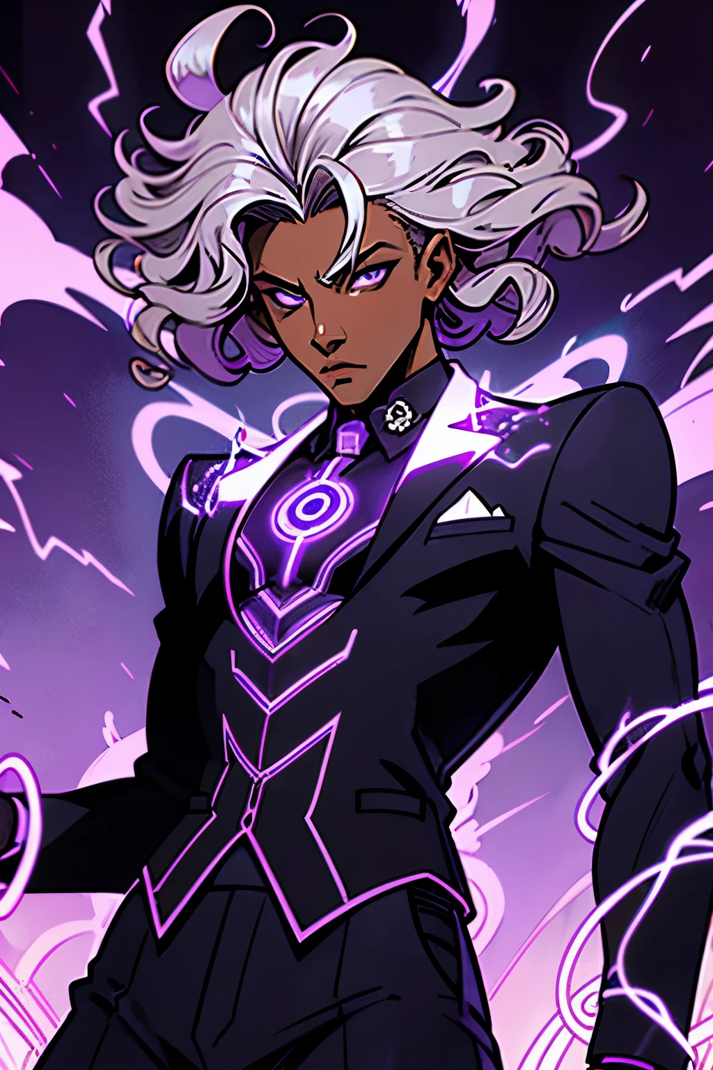 silver curly hair, , tan dark skin, purple eyes, glowing flames surrounding, tailored suit, inkpunk, manga style