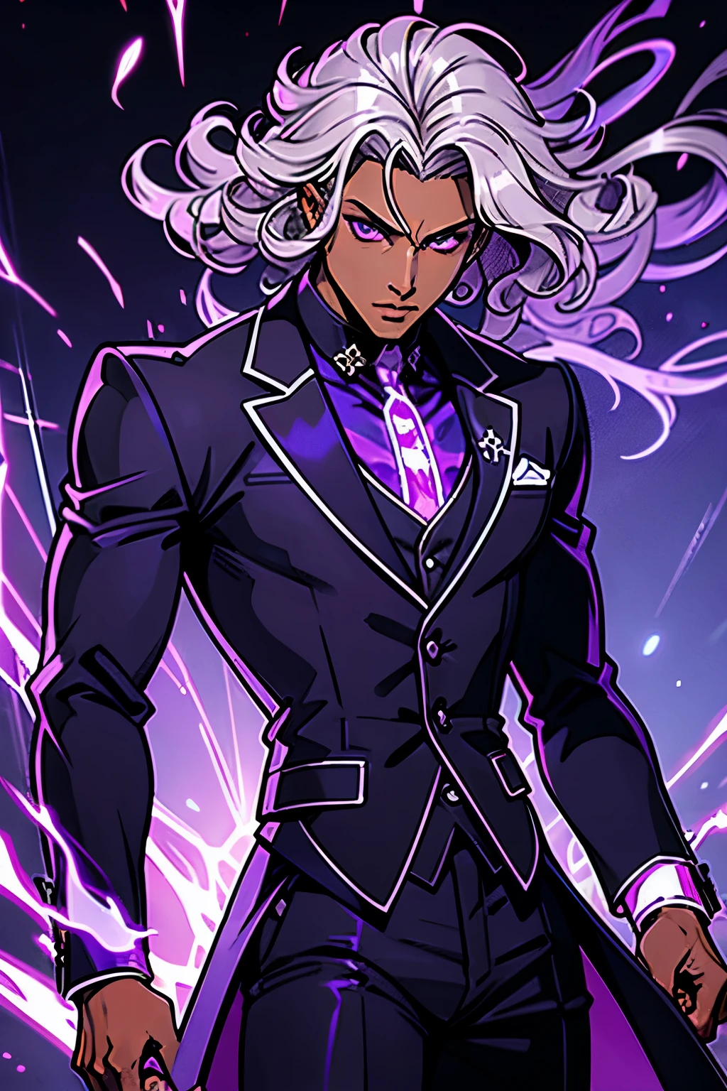 silver curly hair, teen boy , tan dark skin, purple eyes, glowing flames surrounding, tailored suit, inkpunk, manga style