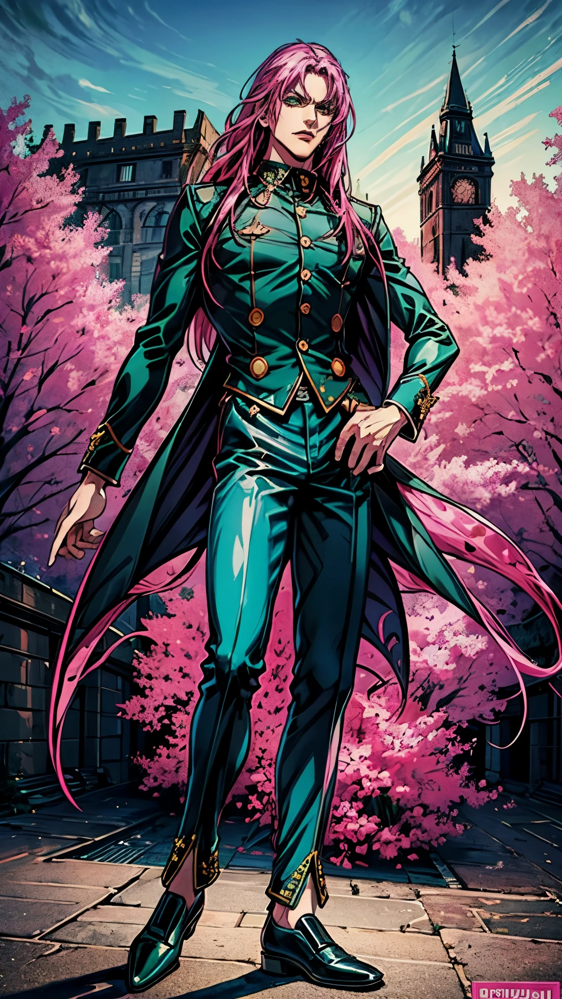 Masterpiece, high quality, absurd work of art, Best quality, A high resolution, ultra detailed), detailed face, 1 man, diavolo, pink long hair, green eyes, male body, male focus, blauze white, jacket, black pants, shoes, Luxurious hall, Castle, military ball, full body,