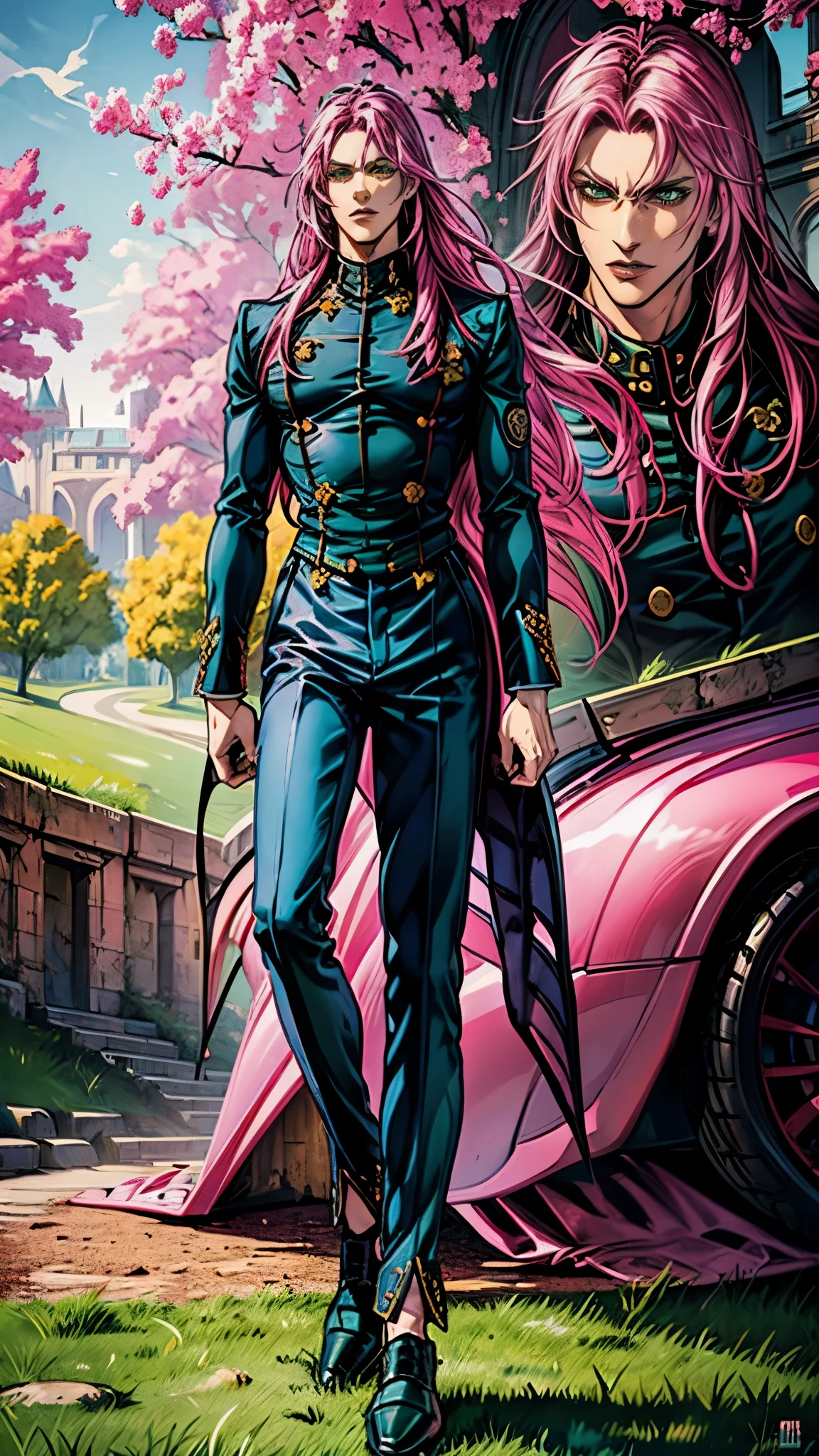 Masterpiece, high quality, absurd work of art, Best quality, A high resolution, ultra detailed), detailed face, 1 man, diavolo, pink long hair, green eyes, male body, male focus, blauze white, jacket, black pants, shoes, Luxurious hall, Castle, military ball, full body,