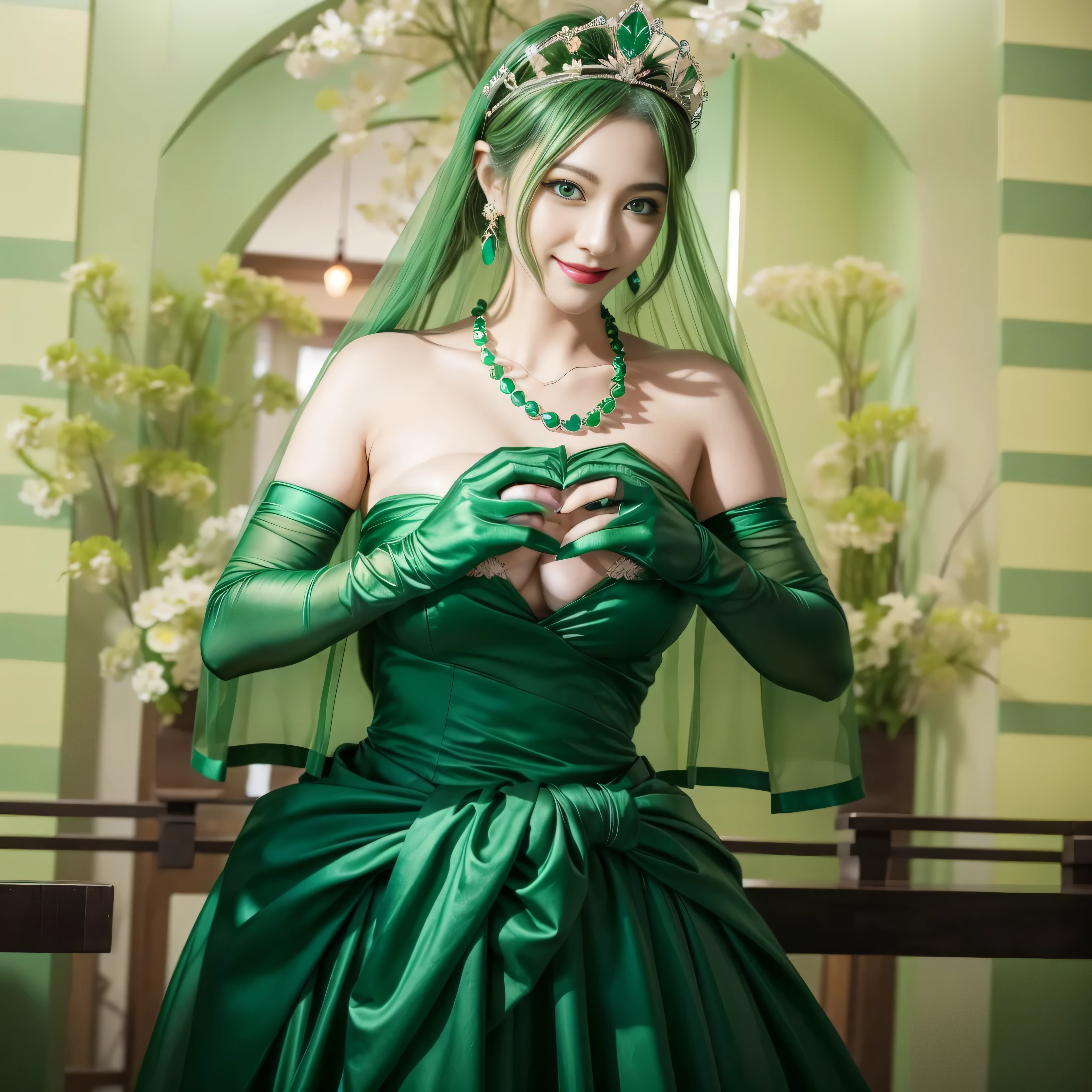 emerald tiara, Green Pearl Necklace, ボーイッシュな非常に短いgreen hair, lipstick, smiling Japanese woman, very short hair, beauty of big breasts, green eyes, green satin long gloves, green eyes, emerald earrings, Green veil, Heart with both hands, green hair, beautiful japanese woman, heart shaped hands:1.3, green lip gloss