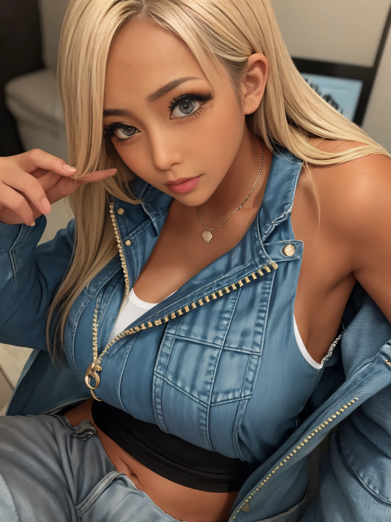 highest quality, masterpiece, High resolution, (details:1.4), 1 girl, blonde hair, (tanned skin:1.6), extremely thin eyebrows, thick bluish eyeshadow, thick black eyeliner, Eyes highlighted with eyeliner, false eyelashes、Tank top、Denim Jacket