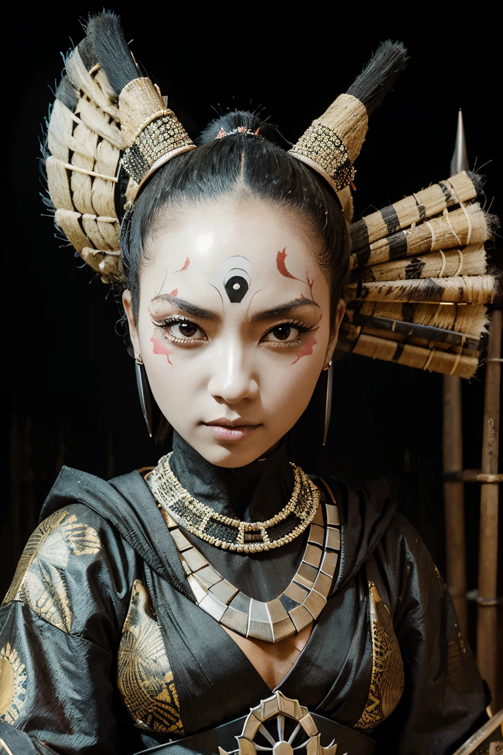 Arav woman wearing a crown and a cross necklace, Dai traditional bronze headdress, Portrait of a Modern Darna, Mayan Elder Oracle, ayahuasca shaman, She wears shamanic clothes, Southeast Asians,Round Face, Kuang Hong, Asian, portrait of a priestess, Asian woman, Chinese Empress
