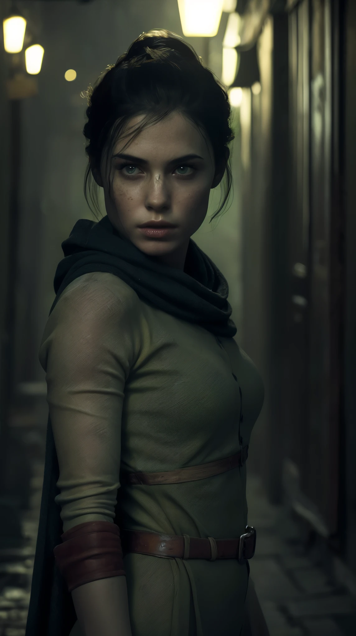 (((Photorealistic))), Photo, high quality, (ultra-detailed face and eyes: 1.3),(Based on the game the plague tales), ((Photorealistic)), Photo, cinematic, intricate frame, 1 girl, ((Amicia from the game the plague tales)) , screenshot from the game, (against the backdrop of a medieval ruined city, plague in the city), gloomy atmosphere, it's raining, predominantly black, gray and green colors, (ultra detailed) overall plan, full length, naked body