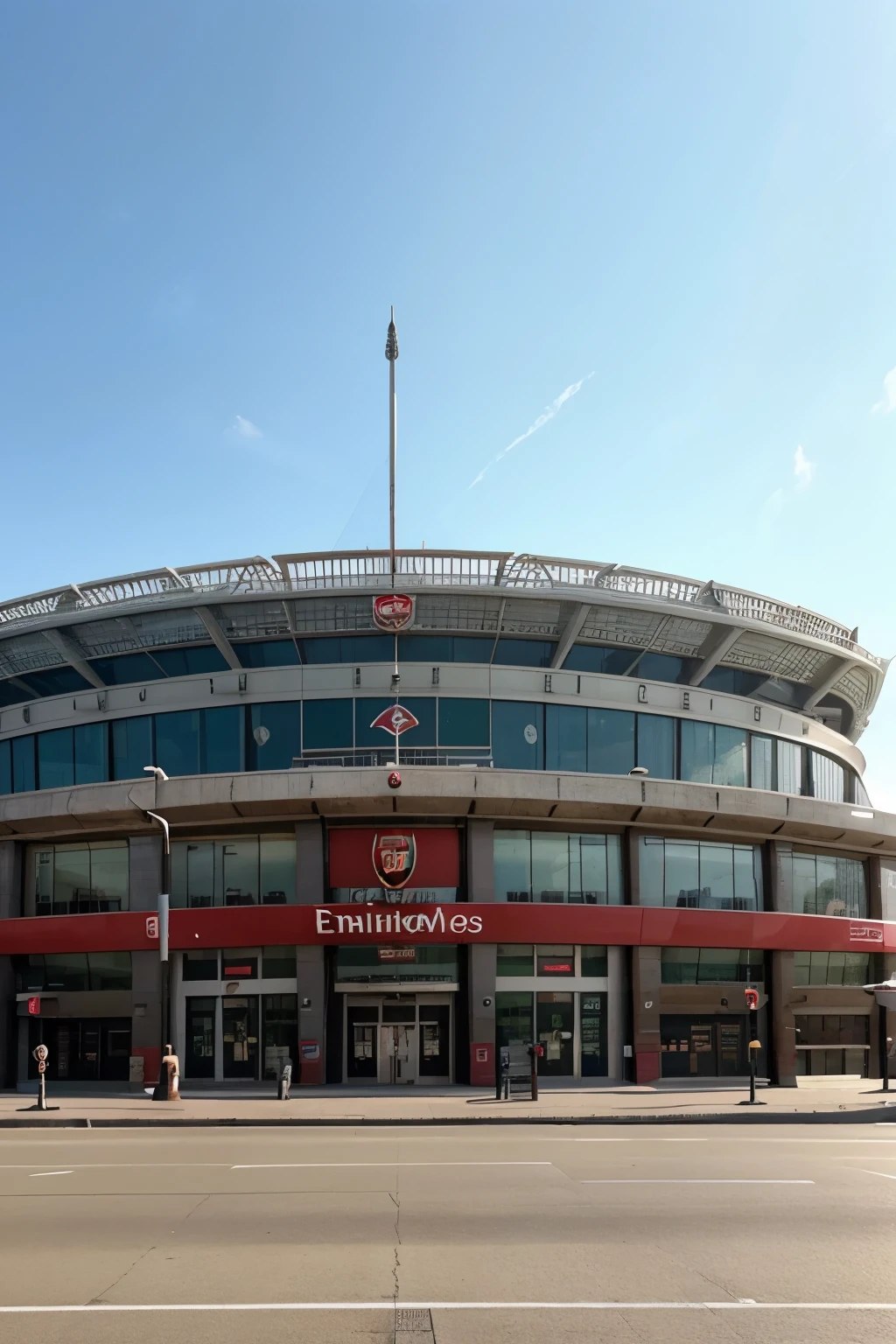 Haz una fachada para el Emirates Stadium del Arsenal que tenga cosas representativas del equipo, que sea tipo vintage