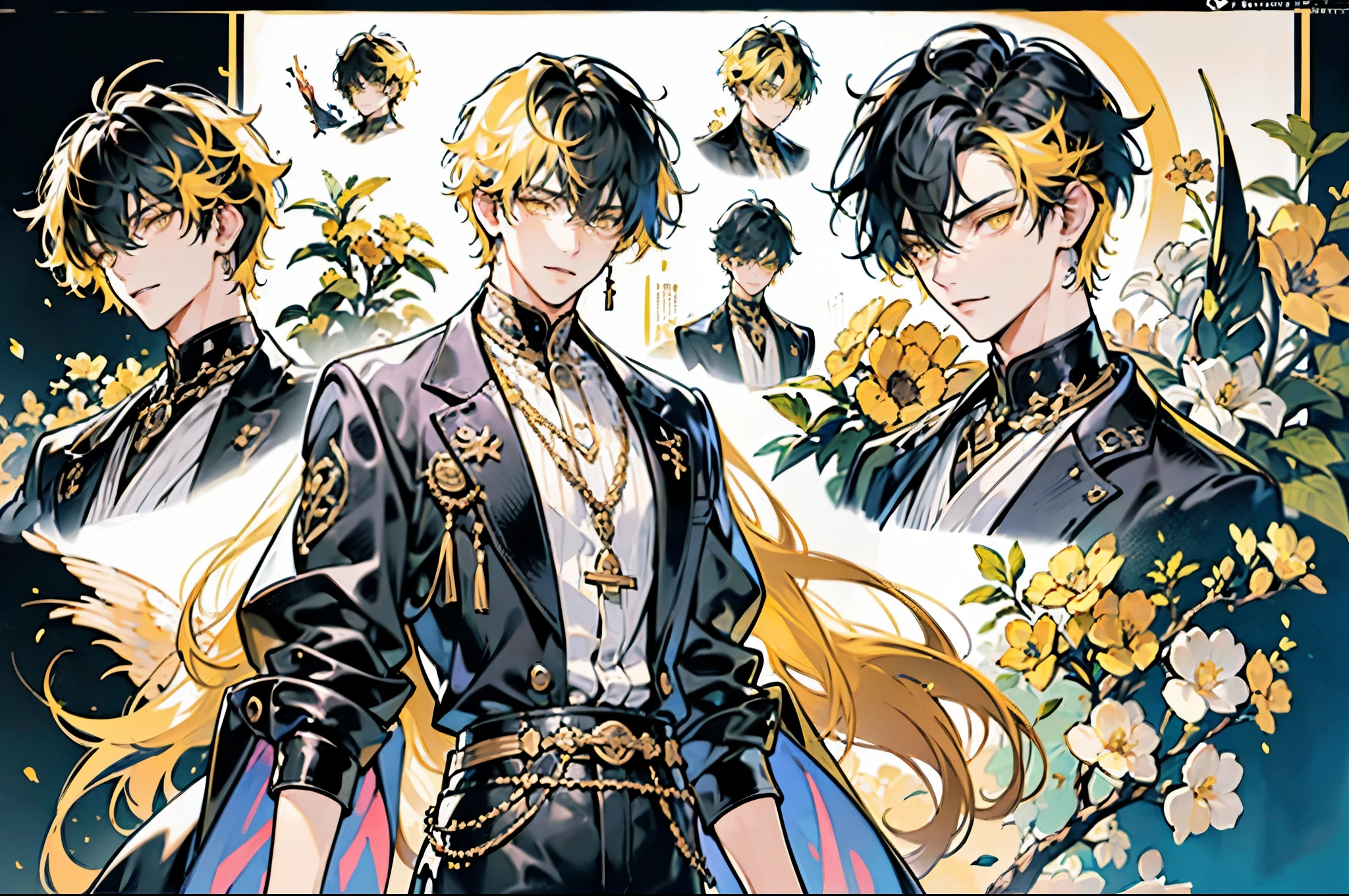 (absurdres, highres, ultra detailed), 1 male, adult, handsome, tall muscular guy, broad shoulders, finely detailed eyes, neon hair, holographic, black jacket, intense run, Character OC design, the same person multi-angle painting, multi-angle painting, the theme color is yellow, （Male characters:1.2),(Boy:1.2), ((Character design)),(Different expressions for the same character:0.8),Pubic area is clear, hyper HD, Exquisite, (4K works))、​masterpiece、(top-quality)、((Black cityscape background))、Korean Male、Adult male、((Adult 50 years old))、((Adult uncle type))、((Leather Jeans Style))、((Face similar to Hyunjin))、Cool Men、tall、((Wild features))、((Wild look))、((angry expressions))、、((Smaller face))、Full body、full height, clothing reference, beautiful clothes, full-length character on the left, on the right the same character with different emotions, character reference, full-length example of clothes, (masutepiece), (Best Quality), Highly detailed, 1 boy, Solo Focus，Perfect face, Beautiful face, extra detailed face，(yellow hair short:1.3)，(yellow eyes:1.3)，florals，butterflys々，floralsびら，optic，kirakira，a smile