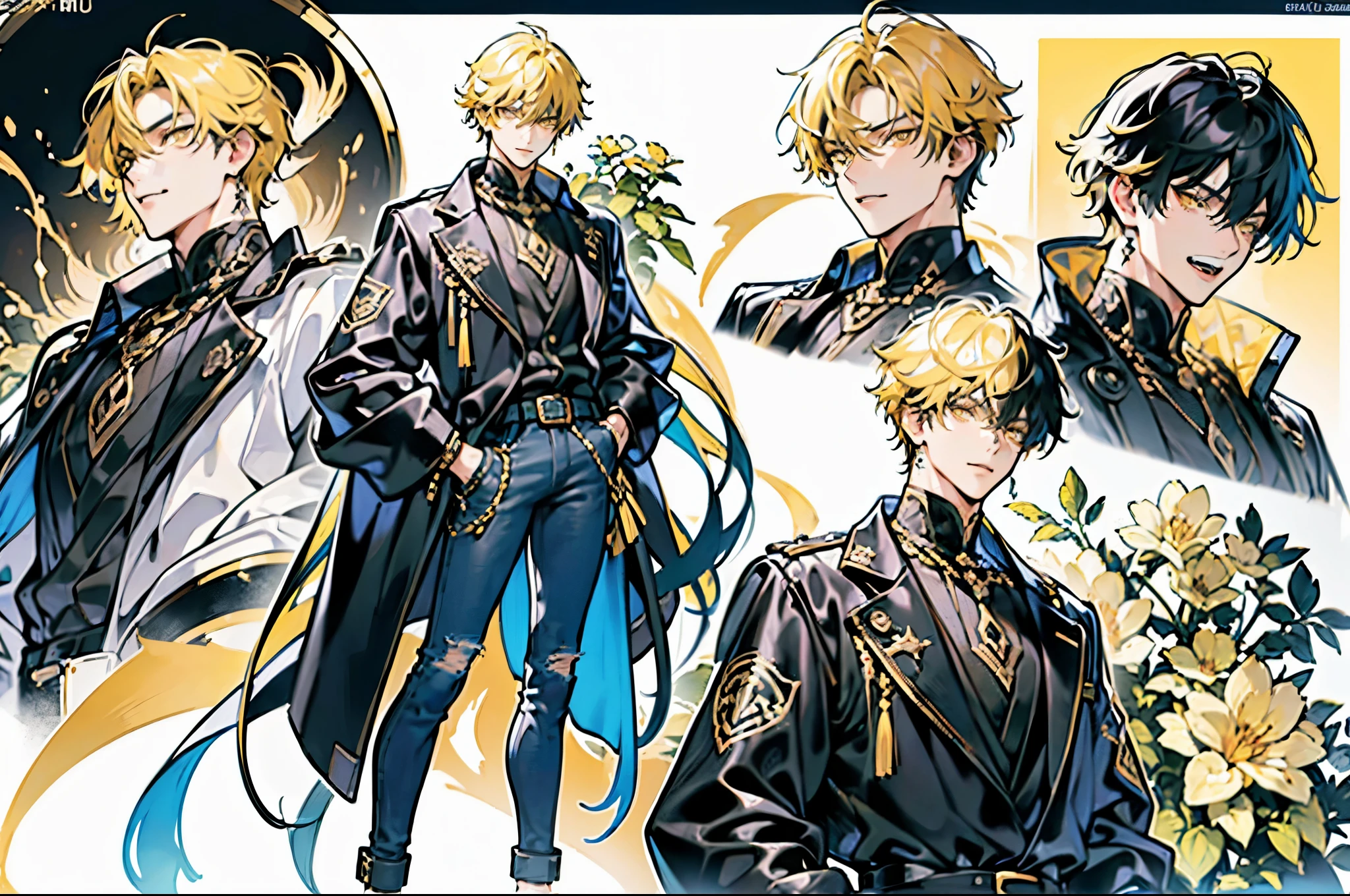 (absurdres, highres, ultra detailed), 1 male, adult, handsome, tall muscular guy, broad shoulders, finely detailed eyes, neon hair, holographic, black jacket, intense run, Character OC design, the same person multi-angle painting, multi-angle painting, the theme color is yellow, (Male characters:1.2),(Boy:1.2), ((Character design)),(Different expressions for the same character:0.8),Pubic area is clear, hyper HD, Exquisite, (4K works))、masterpiece、(top-quality)、((Black cityscape background))、Korean Male、Adult male、((Adult 50 years old))、((Adult uncle type))、((Leather Jeans Style))、((Face similar to Hyunjin))、Cool Men、tall、((Wild features))、((Wild look))、((angry expressions))、、((Smaller face))、Full body、full height, clothing reference, beautiful clothes, full-length character on the left, on the right the same character with different emotions, character reference, full-length example of clothes, (masutepiece), (Best Quality), Highly detailed, 1 boy, Solo Focus,Perfect face, Beautiful face, extra detailed face,(yellow hair short:1.3),(yellow eyes:1.3),florals,butterflys々,floralsびら,optic,kirakira,a smile