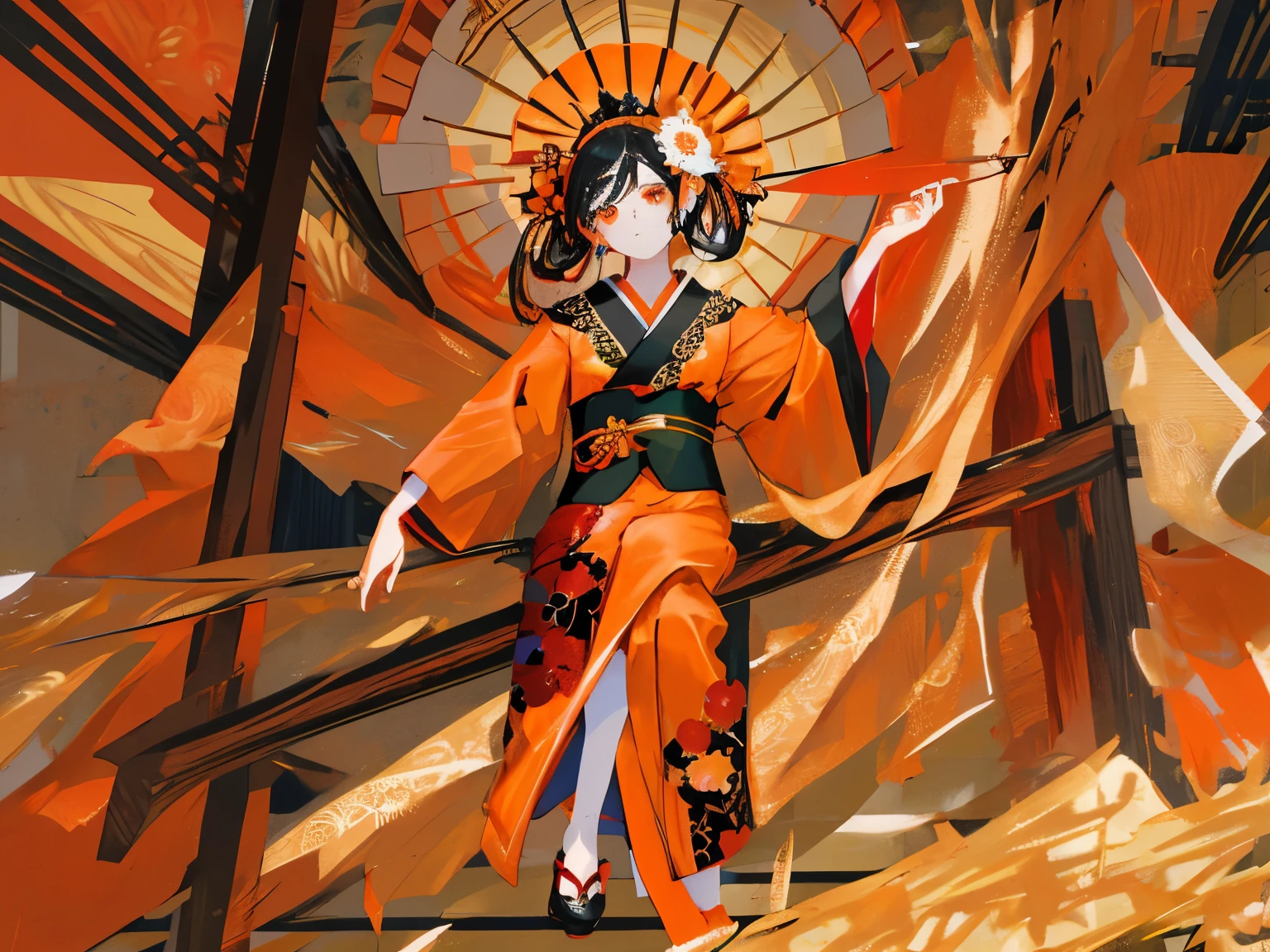 masterpiece, highest quality, super detailed, figure, close, straight, face focus, 1 ager,jet black red hair,1 small orange hozuki ornament, Golden eyes, calm expression, kimono, looking at the viewer, lace legwear,