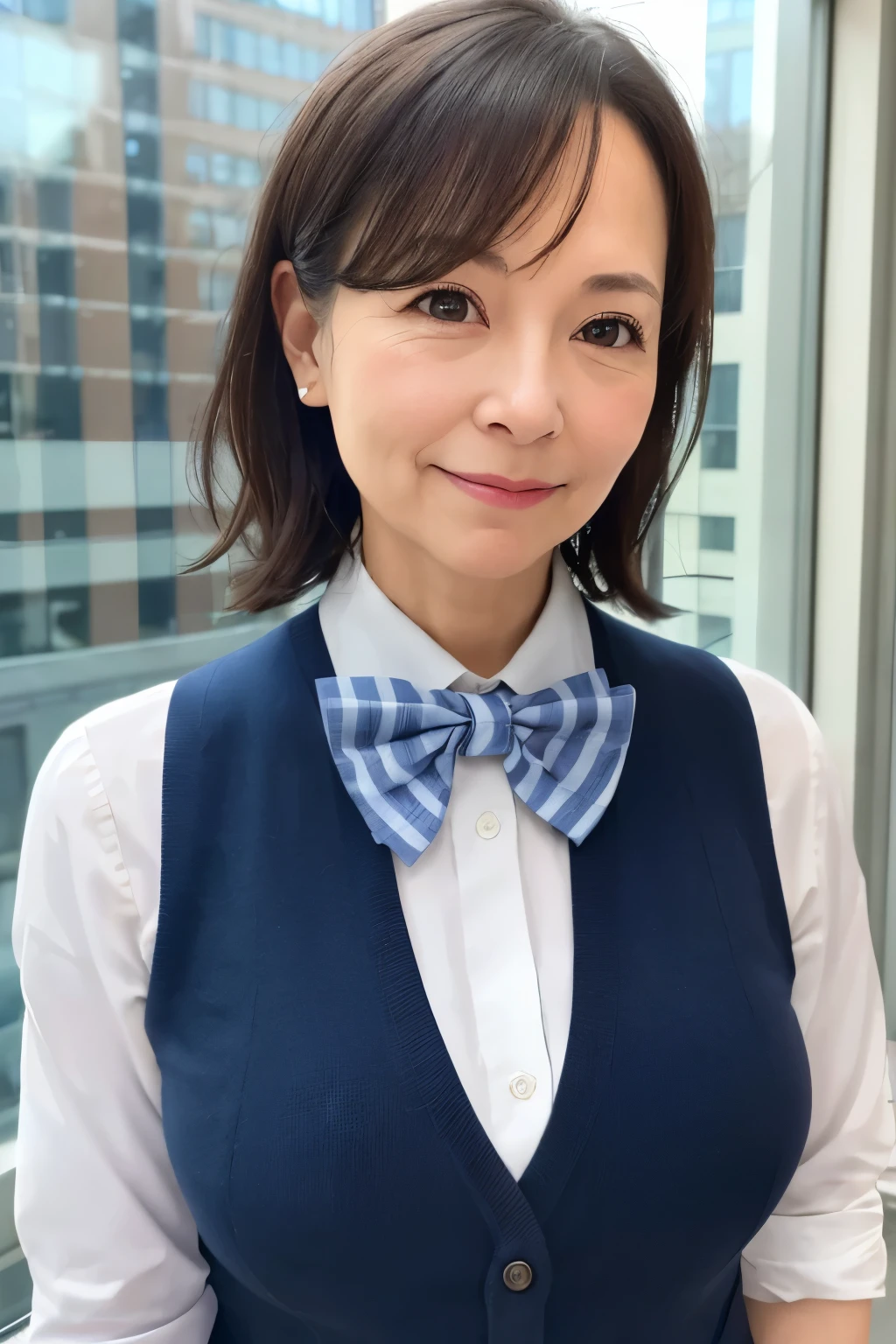 1 girl, mature woman, vest, bow, photograph, realistic, highest quality, hire, detailed face, office, building from the window, detailed background, diffused sunlight, Depth of the bounds written, Bokeh