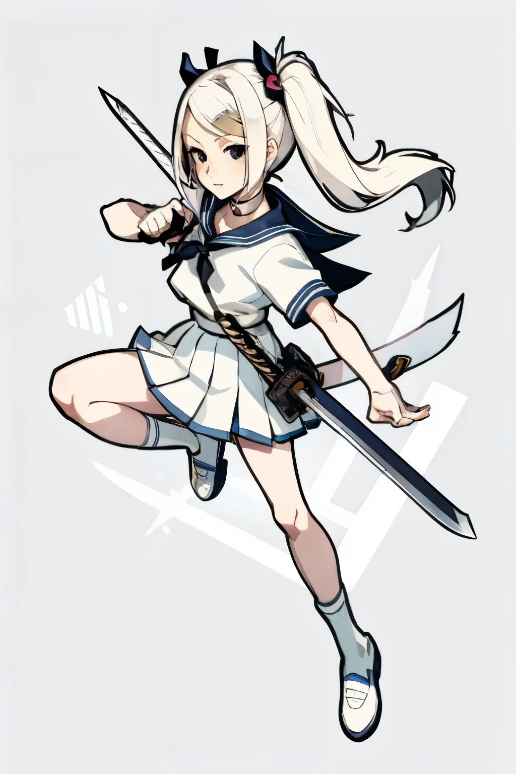 1girl, solo, weapon, sword, long_hair, black_background, white_hair, katana, skirt, simple_background, holding_weapon, holding, socks, white_sailor_collar, white_skirt, holding_sword, sailor_collar, pleated_skirt, hairclip, full_body, hair_ornament, shoes, school_uniform, sheath, white_footwear, shirt, white_socks, serafuku, white_shirt