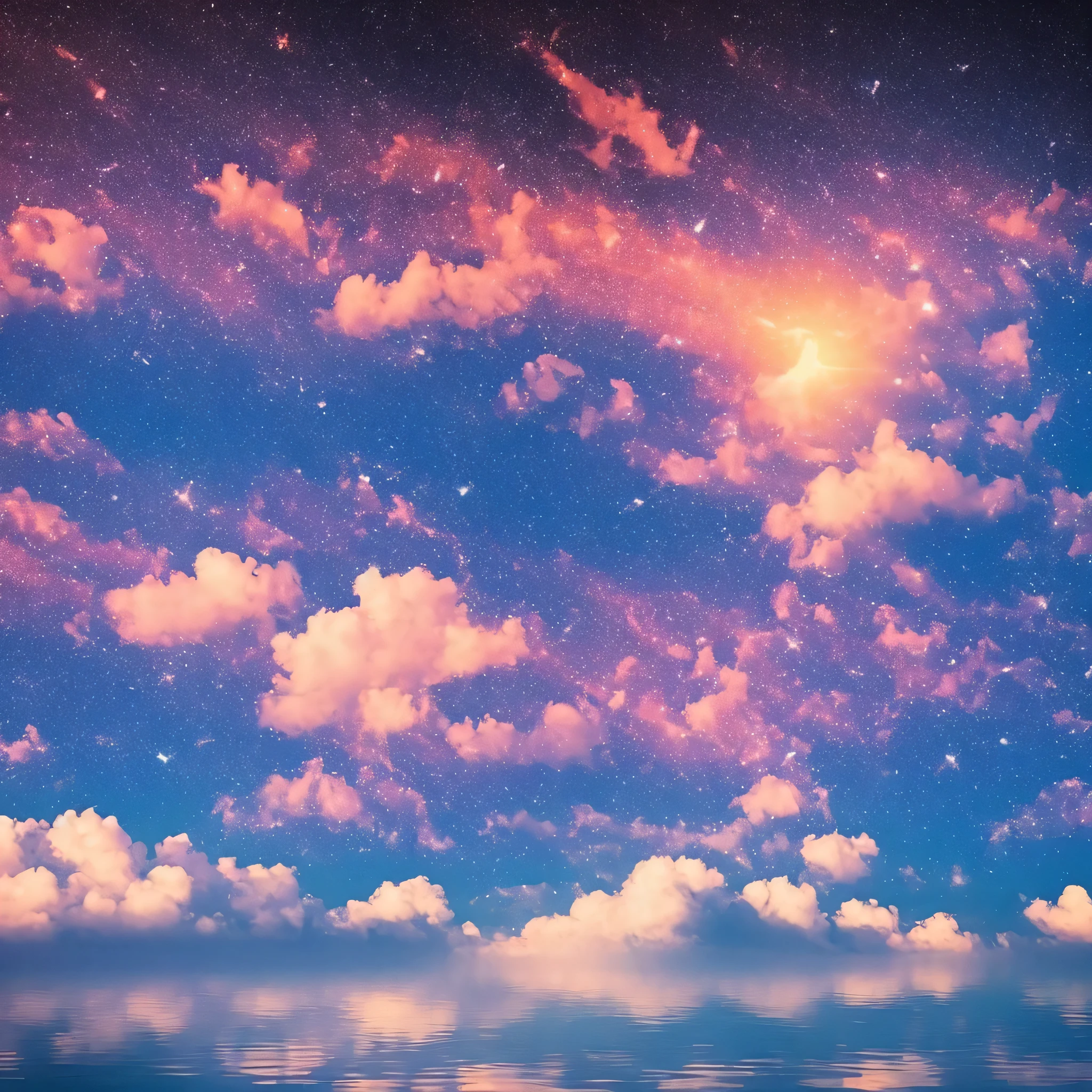 dreamy mood, Umgebungs, friedlich, Atmospheric, Bunter Himmel, Sterne, Sonnenstrahlen, Weiche Wolken, still, ethereal, heiter, blissful, Weite, Harmonie, Beruhigende Farben, Sanfte Beleuchtung.