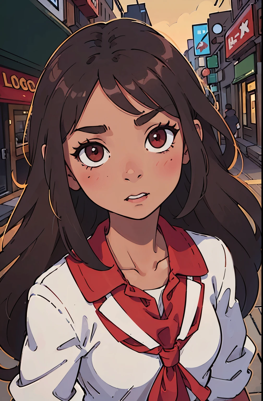 (best quality:0.8) perfect illustration, a beautiful woman, tanned brown skin, with long dark brown hair with details in red and red eyes walking through the street in the city, wearing a school uniform, black pants, HD, close up portrait