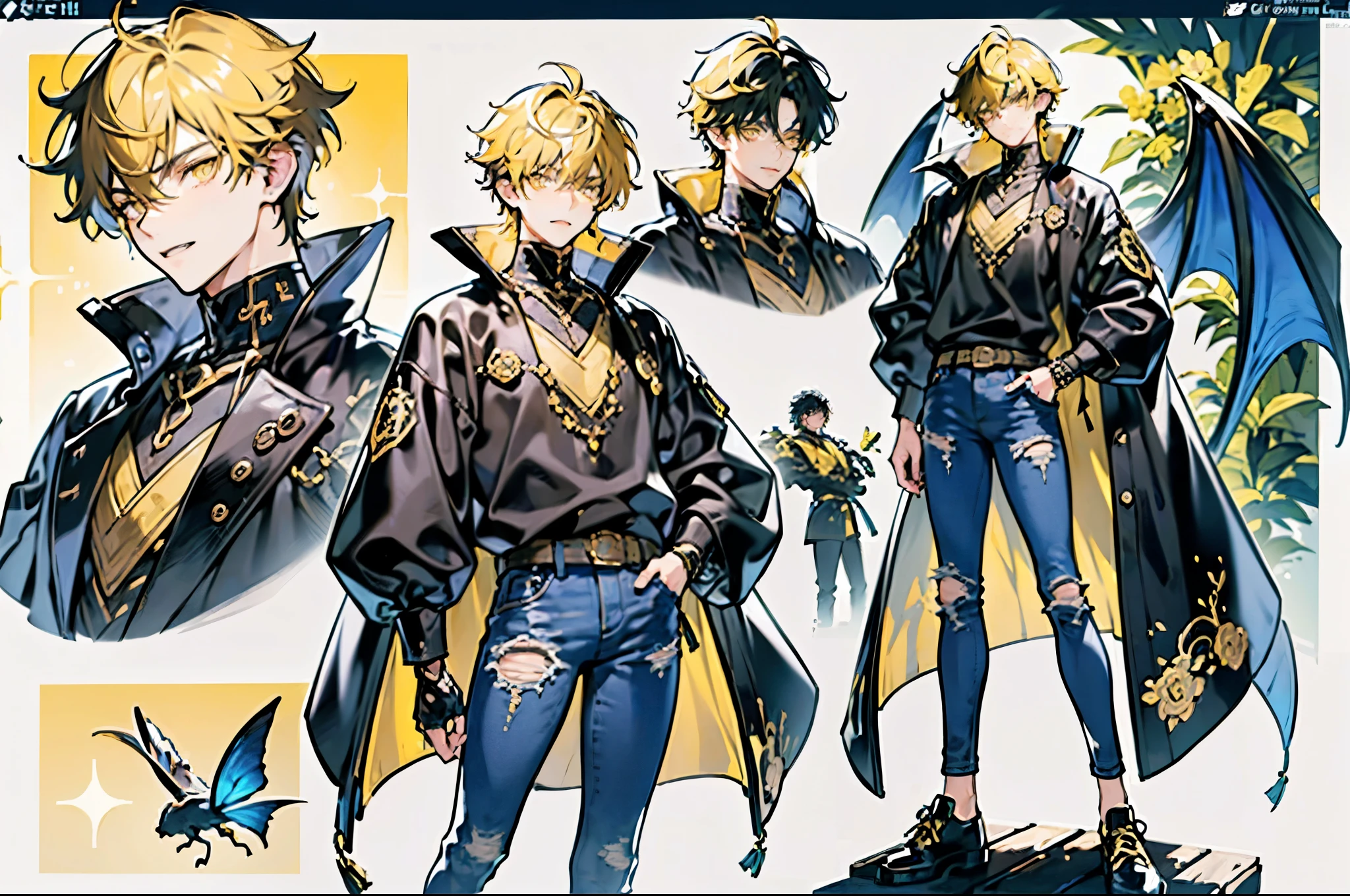 (absurdres, highres, ultra detailed), 1 male, adult, handsome, tall muscular guy, broad shoulders, finely detailed eyes, neon hair, holographic, black jacket, intense run, Character OC design, the same person multi-angle painting, multi-angle painting, the theme color is yellow, （Male characters:1.2),(Boy:1.2), ((Character design)),(Different expressions for the same character:0.8),Pubic area is clear, hyper HD, Exquisite, (4K works))、​masterpiece、(top-quality)、((Black cityscape background))、Korean Male、Adult male、((Adult 50 years old))、((Adult uncle type))、((Leather Jeans Style))、((Face similar to Hyunjin))、Cool Men、tall、((Wild features))、((Wild look))、((angry expressions))、、((Smaller face))、Full body、full height, clothing reference, beautiful clothes, full-length character on the left, on the right the same character with different emotions, character reference, full-length example of clothes, (masutepiece), (Best Quality), Highly detailed, 1 boy, Solo Focus，Perfect face, Beautiful face, extra detailed face，(yellow hair short:1.3)，(yellow eyes:1.3)，florals，butterflys々，floralsびら，optic，kirakira，a smile