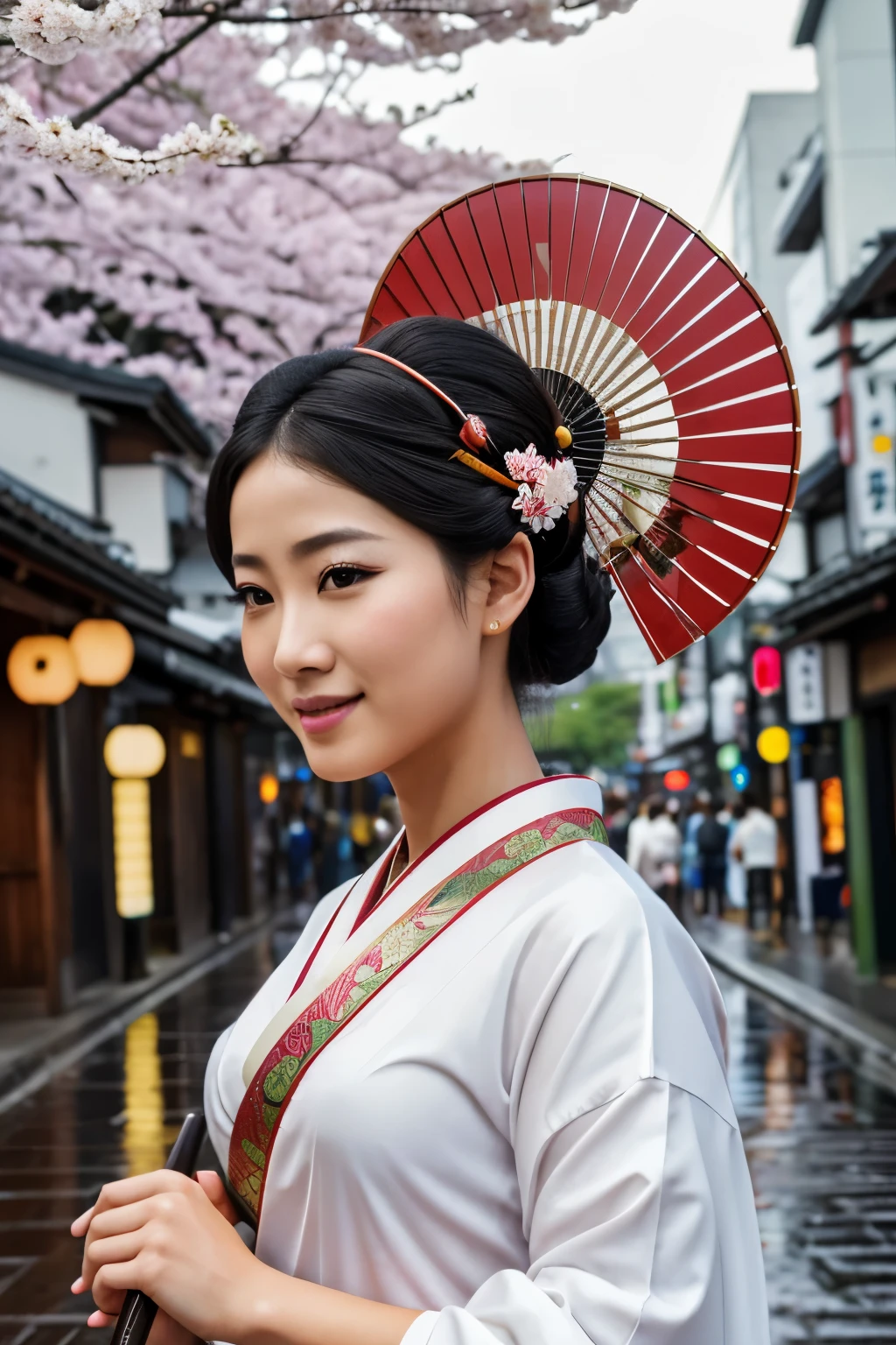 (best quality,4k,highres,ultra-detailed,realistic:1.2),african samurai geisha,smiling,sensual pose,beautiful detailed eyes and face,beautiful detailed lips,long eyelashes,wearing an Eiko Ishioka white dress,dynamic shadows,dramatic lights,Tokyo city at the background,night,urban scenery,neon lights,reflection of lights on the wet street,vibrant colors,traditional japanese make-up,ornate hair accessories,decorative hairpins,cherry blossoms in bloom,hand-held fan,confident and elegant,graceful movement,blade of a katana sword,fluid and precise motions,leaves falling in the wind,peaceful yet powerful,harmonious blend of African and Japanese cultures