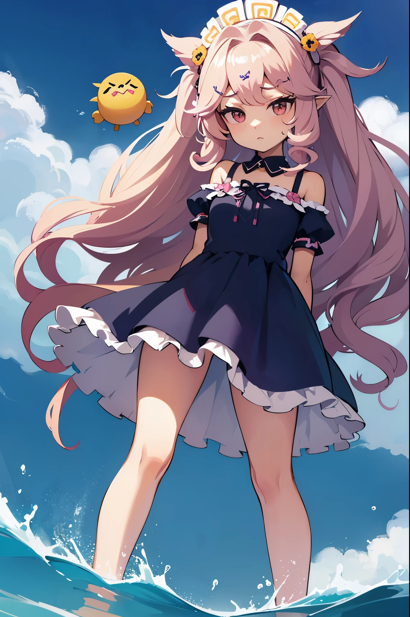 linda chica ,pecho grande,kawaii,(chica medusa:1.2), arms behind the back,submarino,vestido con volantes,
