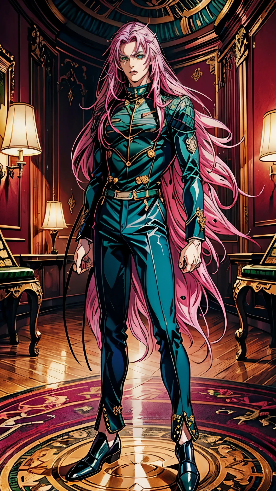 Masterpiece, high quality, absurd work of art, Best quality, A high resolution, ultra detailed), detailed face, 1 man, diavolo, pink long hair, green eyes, male body, male focus, blauze white, jacket, black pants, shoes, Luxurious hall, Castle, military ball, full body,