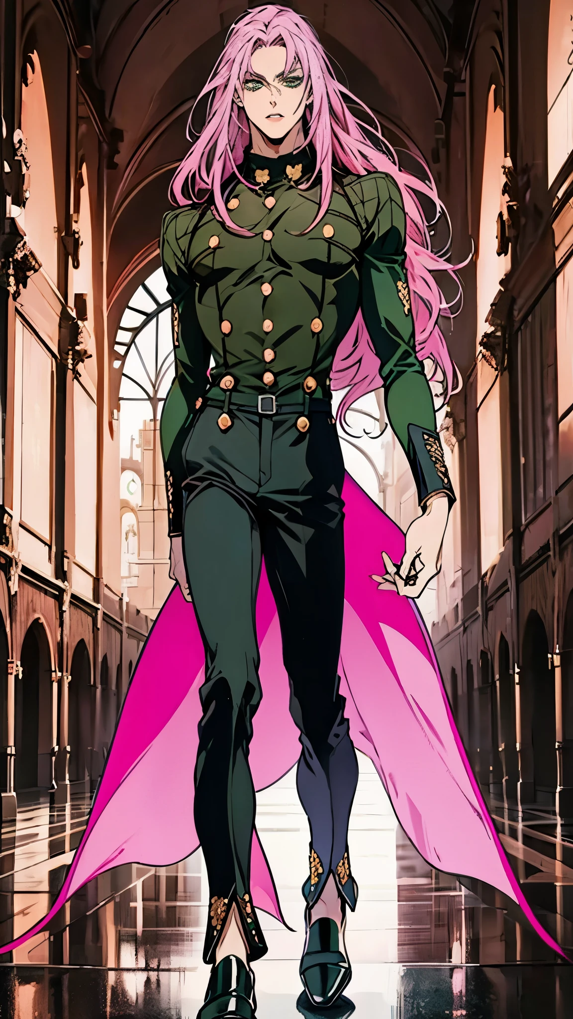 (Masterpiece, high quality, absurd work of art, Best quality, A high resolution, ultra detailed), detailed face, 1 man, diavolo, pink long hair, green eyes, male body, male focus, white blouse, black pants, shoes, Luxurious hall, Castle, military ball, full body, 