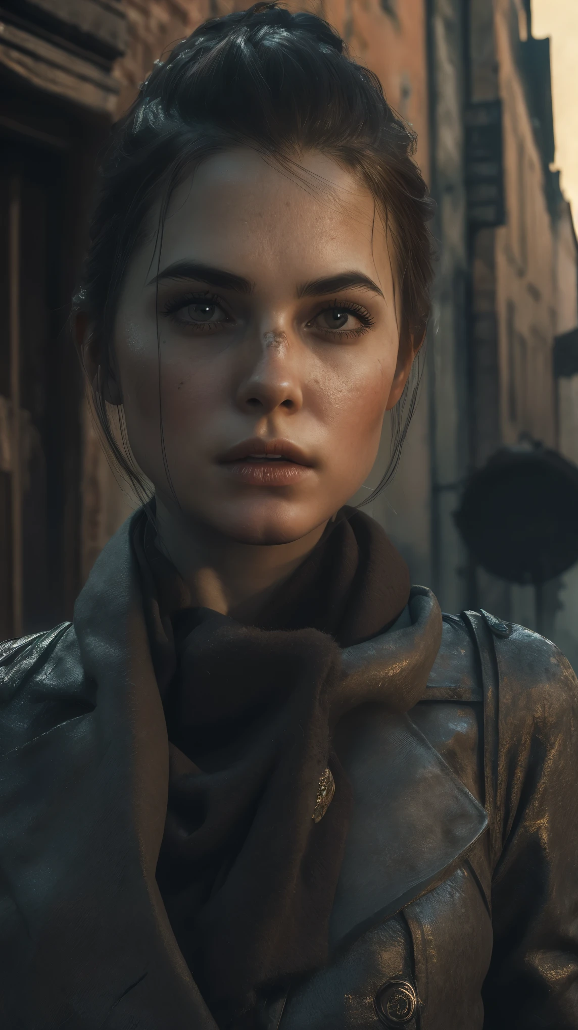 (((Photorealistic))), Photo, high quality, (ultra-detailed face and eyes: 1.3),(Based on the game the plague tales), ((Photorealistic)), Photo, cinematic, intricate frame, 1 girl, ((Amicia from the game the plague tales)) , screenshot from the game, ((against the backdrop of a medieval ruined city, plague in the city)), gloomy atmosphere, it's raining, predominantly black, Grey colors , (ultra detailed) overall plan, ((full length, naked body))