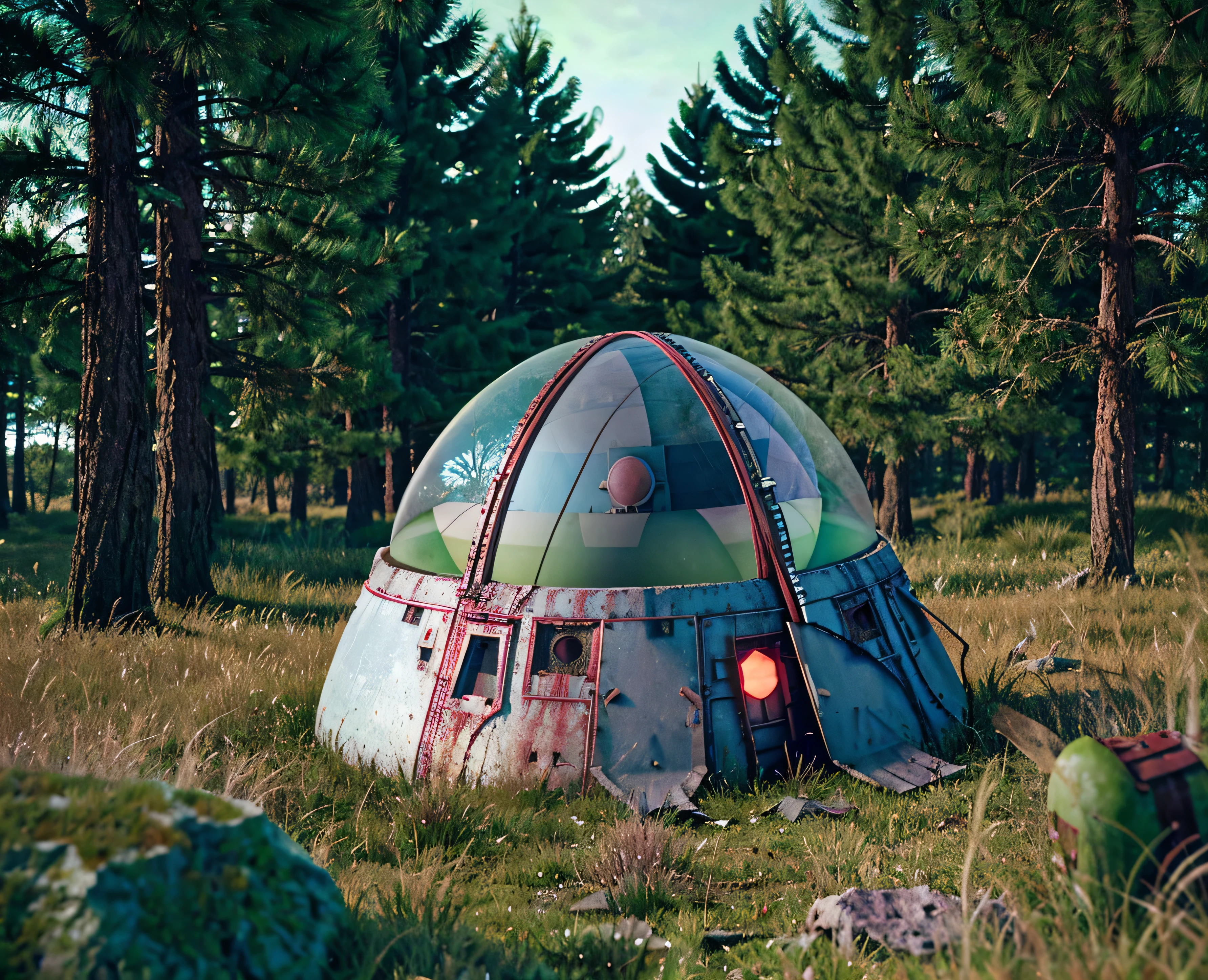 (analog photo:1.2), there is a small space ship that is sitting in the grass, a detailed matte painting by Filip Hodas, cgsociety contest winner, retrofuturism, rolands zilvinskis 3d render art, crashed ufo, abandoned rocket ship, high saturation