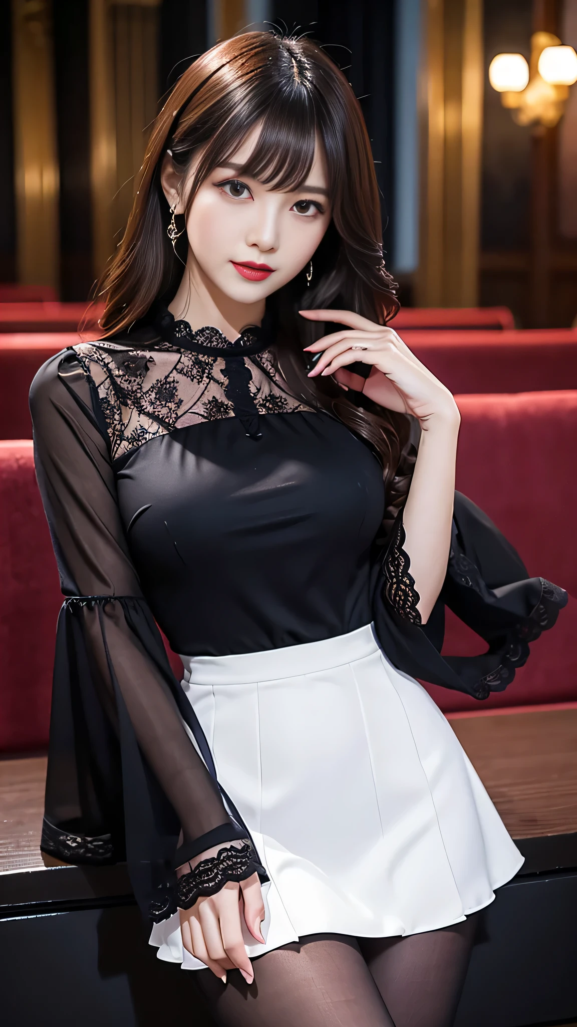 Super detailed、Japanese、charming beauty、seductive adult woman、Beautiful woman、sharp eyes、cool girl、wavy hair、suit、Black chiffon、lace fabric、wide sleeve、wearing a lace insert dress、white blouse、Tight Skirt、flesh colored pantyhose、Lustrous legs、evilの幹部、evil depravity、brainwashing、Mind control、lipstick、grin、evilな表情、evil、empty eyes、evil、church at night、reach out your hand