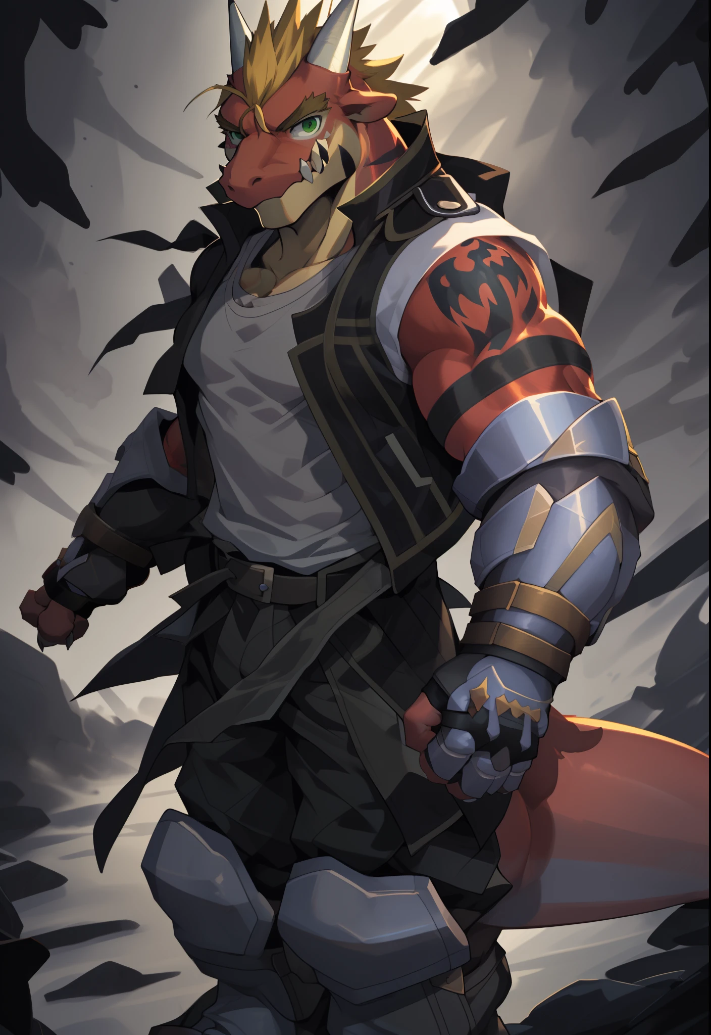 anthro, solo, delga, dragon, clothing, male, topwear, muscular, muscular anthro, jacket, shirt, fingerless gloves, green eyes, muscular male, red body, looking at viewer, hi res, bottomwear, tatoo, white vest, blonde hair, detailed background, photorealistic, realistic hands, 8k hd, extreme detail, (dark shadows, wide dynamic range, hdr, low light:1.2), by canyne khai,by milkytiger1145,by takemoto arashi,by null-ghost
