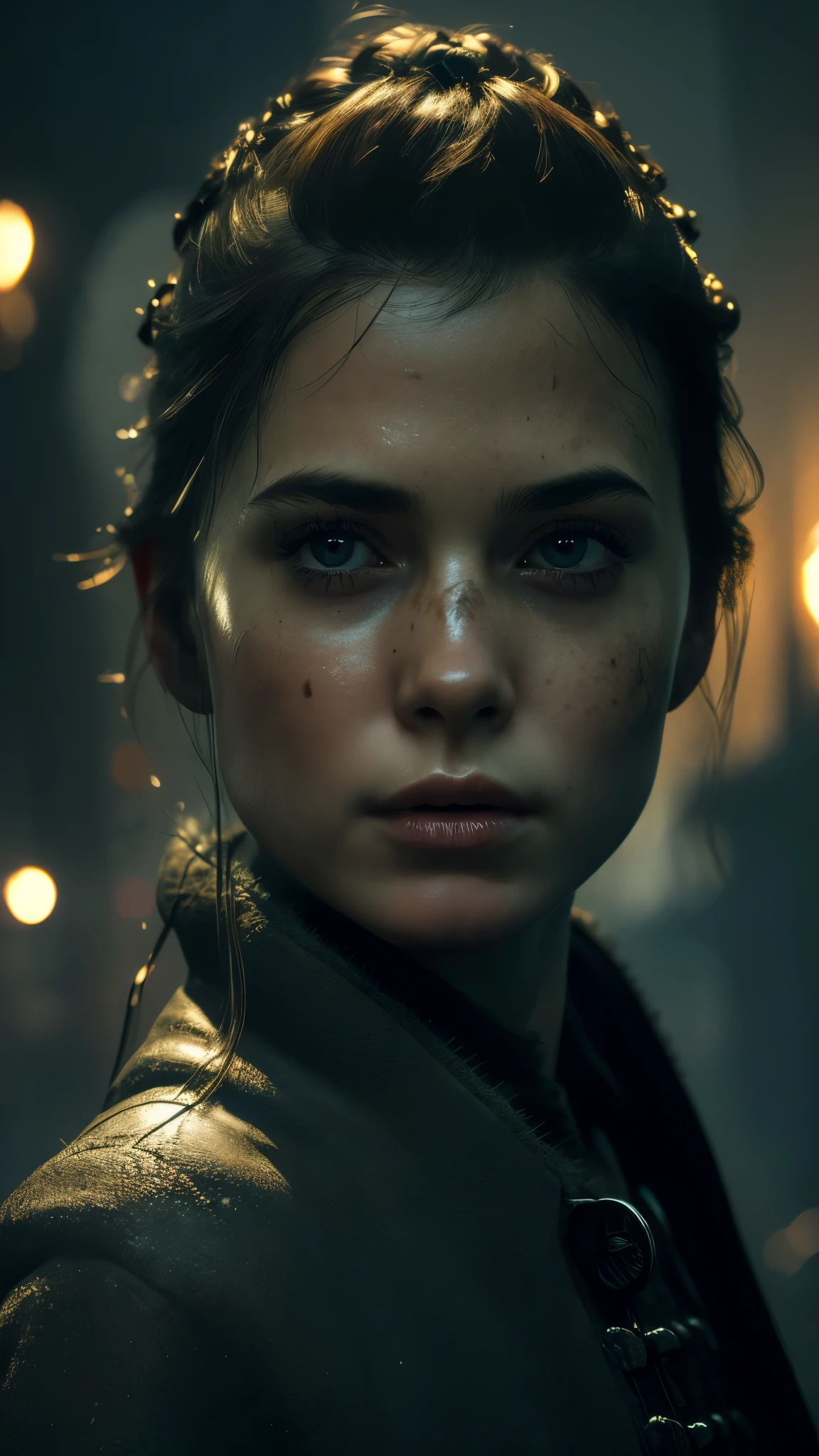(((Photorealistic))), Photo, high quality, (ultra-detailed face and eyes: 1.4),(Based on the game the plague tales), ((Photorealistic)), Photo, cinematic, intricate frame, 1 girl, ((Amicia from the game the plague tales)), ((medieval ruined city)), it's raining, ((ultra detailed)) overall plan,