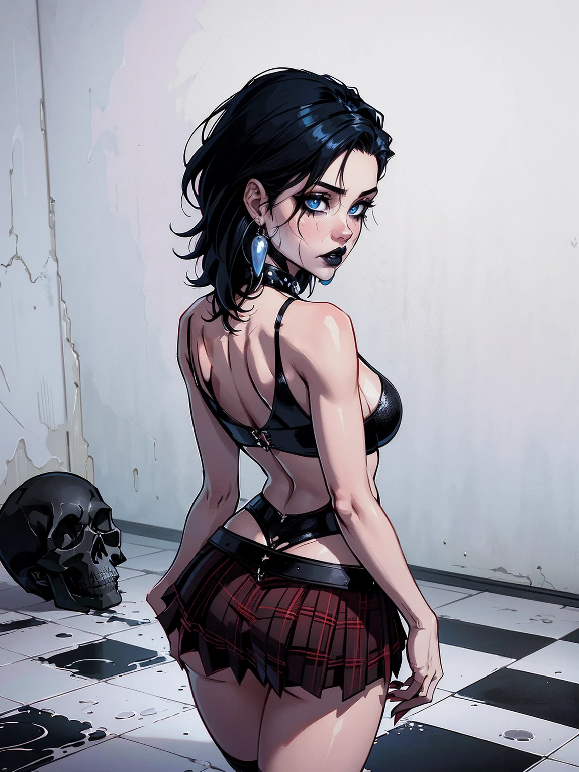 a woman with short black hair, hair on shoulders,  wearing a black cropped  and plaid skirt, blue eyes, zombie art, gothic art, cute aesthetic with vibe, toon aesthetic, wearing red costume, wearing gothic accessories, look like Cassie Hack, upper body, walking on the floor, backwards, looking back, holdilng a skull in her hands, , white background