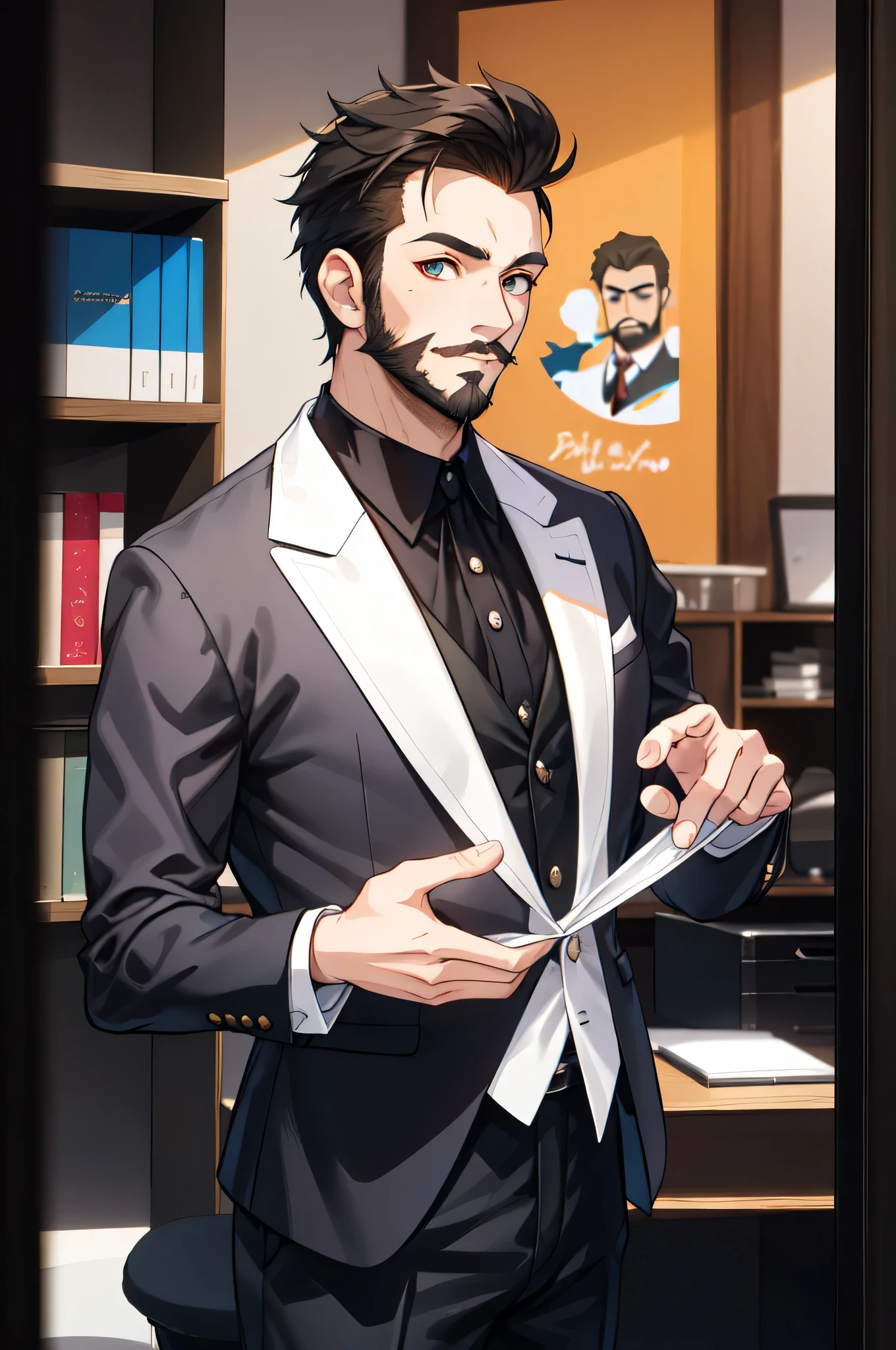 オフィスでシャツの襟を調整するblack suitを着たひげを生やした男性, beautiful and elegant, Handsome guy, black suit, Beard and mustache, singer maluma, Photos from promotional shoot, director: robbie trevino, Take a graceful pose, promotional portrait, Magnificent and elegant portrait, homem no black suit, handsome man, by the beard, promotional photos, promotion rehearsal, Portrait of a man in a suit, manly and handsome, black suit, Beard and mustache, disney pee
