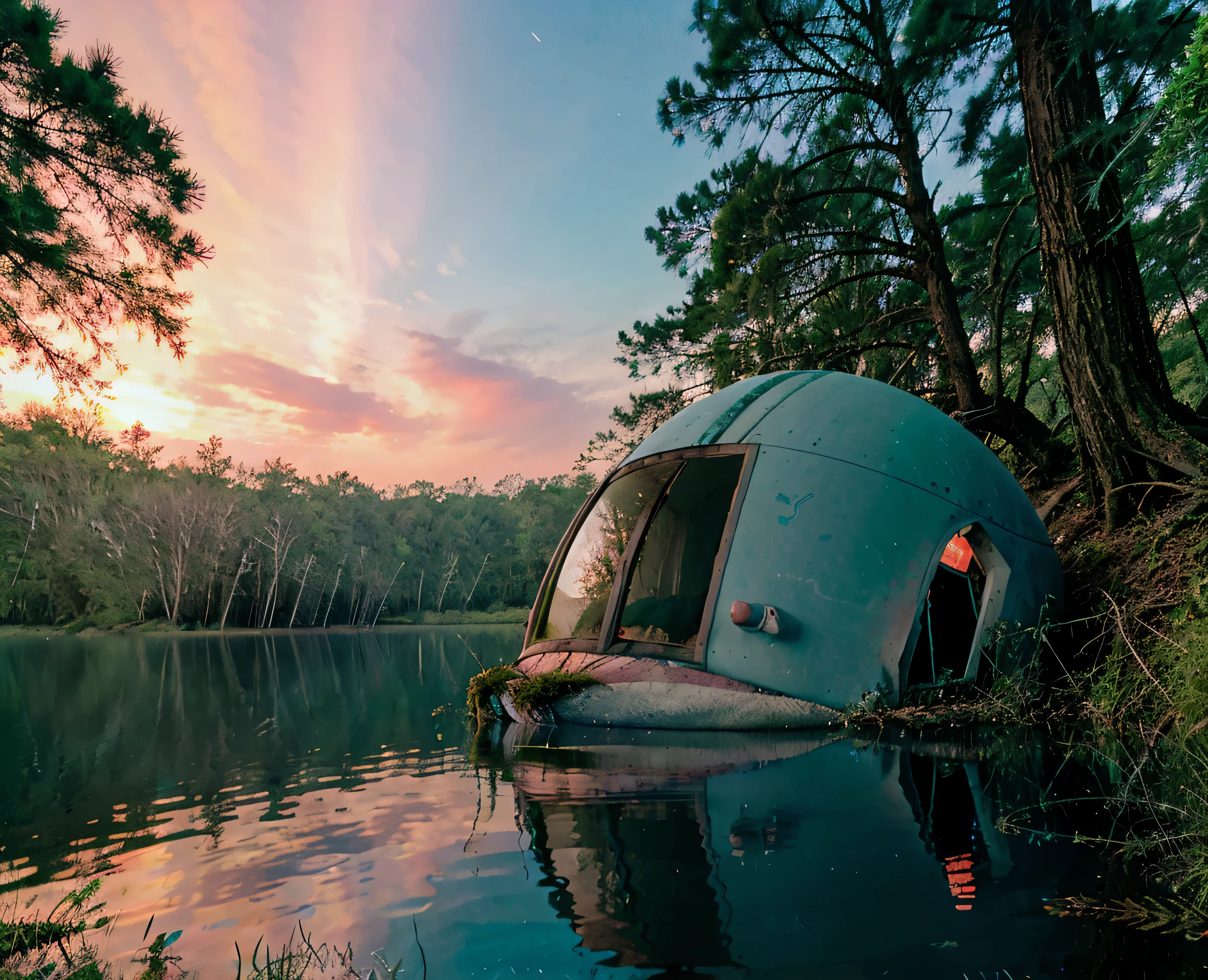 (analog photo:1.2), there is a small space ship that is sitting in the swamp, dinosaurs grazing nearby not noticing the ship, sunrise, peaceful, retrofuturism, , crashed ufo, abandoned ship, high saturation