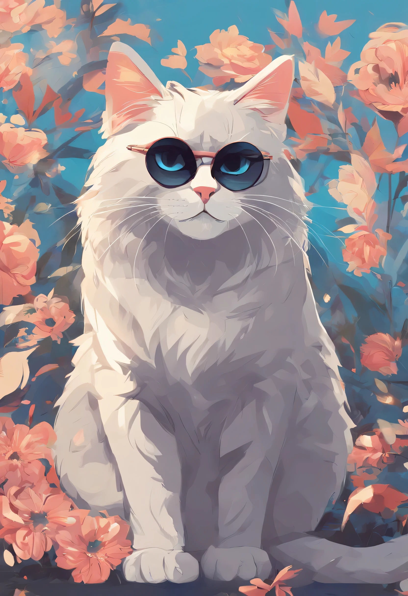 1cat, Maine, anime cat, cat in sunglasses, blue background, Cute detailed digital art, realistic anime cat, cat. digital painting, digital painting с высокой детализацией, anime visual of cute cat, Detailed digital anime art, digital illustration style, highly detailed vector graphics, высокодетализированная digital painting, digital art on pixiv, cat detailed