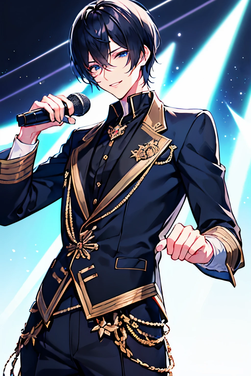 Ultra detailed, Highres, absurdres, HDR, master piece, Gojou Satoru, white hair, expressive blue eyes, white eyelashes, Jujutsu Kaisen, sexy man holding a microphone, solo, idol, white idol clothes with trimmings, blue petals, glittering, black gloves, blue flowers, sensual, fantasy, idol stage, concert, horny, erotic, handsome smile, toned chest, white pants,