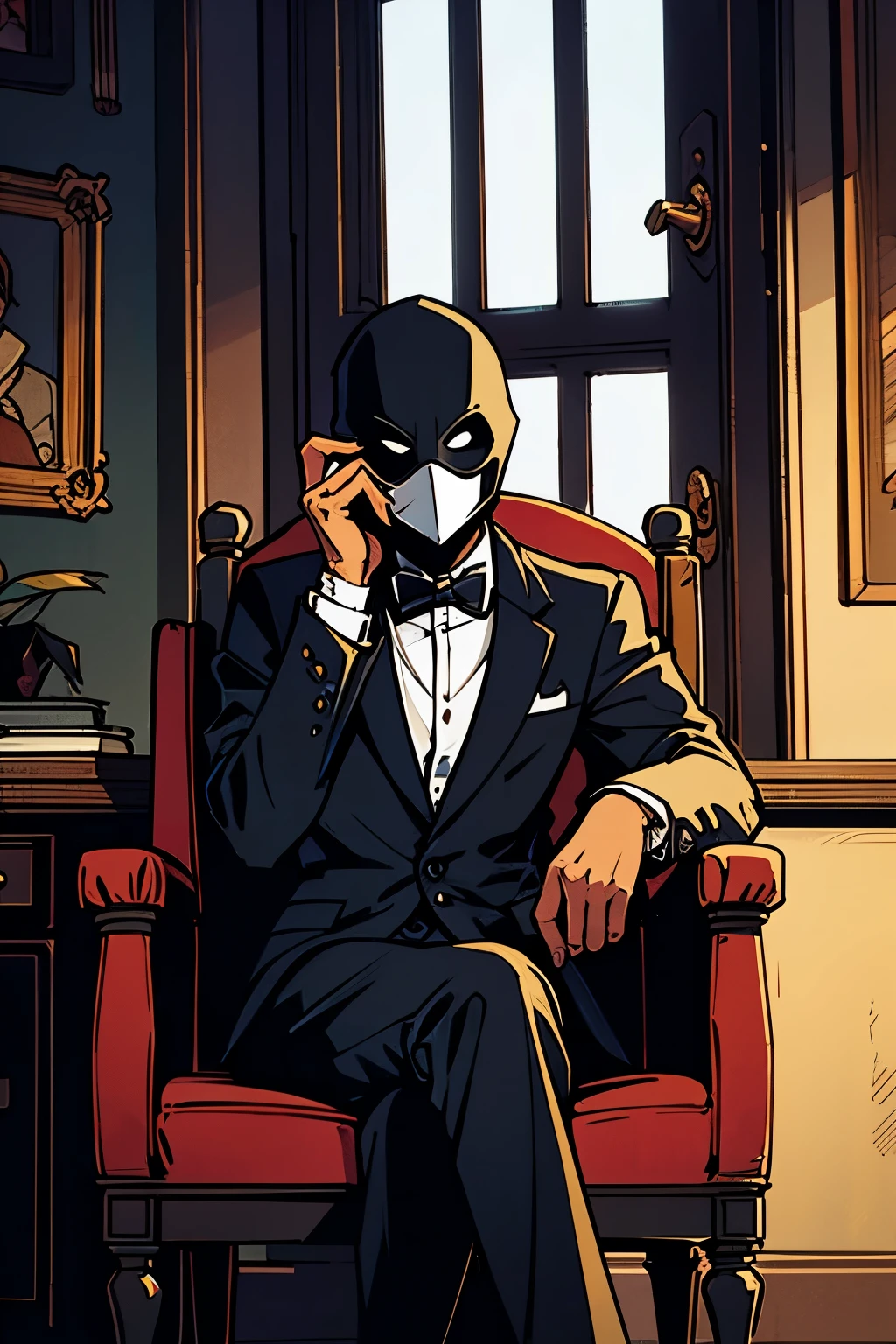 masked man, sitting in chair, in dark