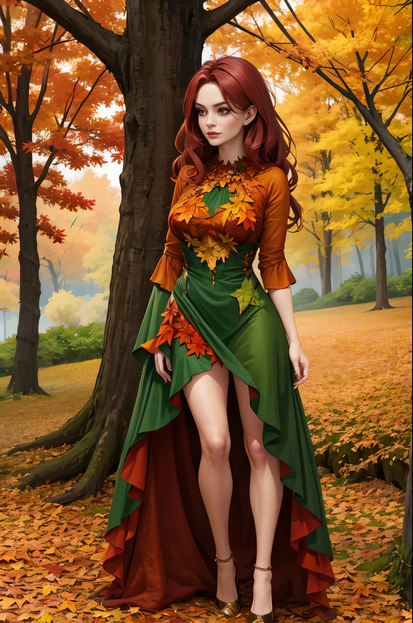autumn dryad, full-body shot, gorgeous woman, autumn colours, leaf dress, sexy