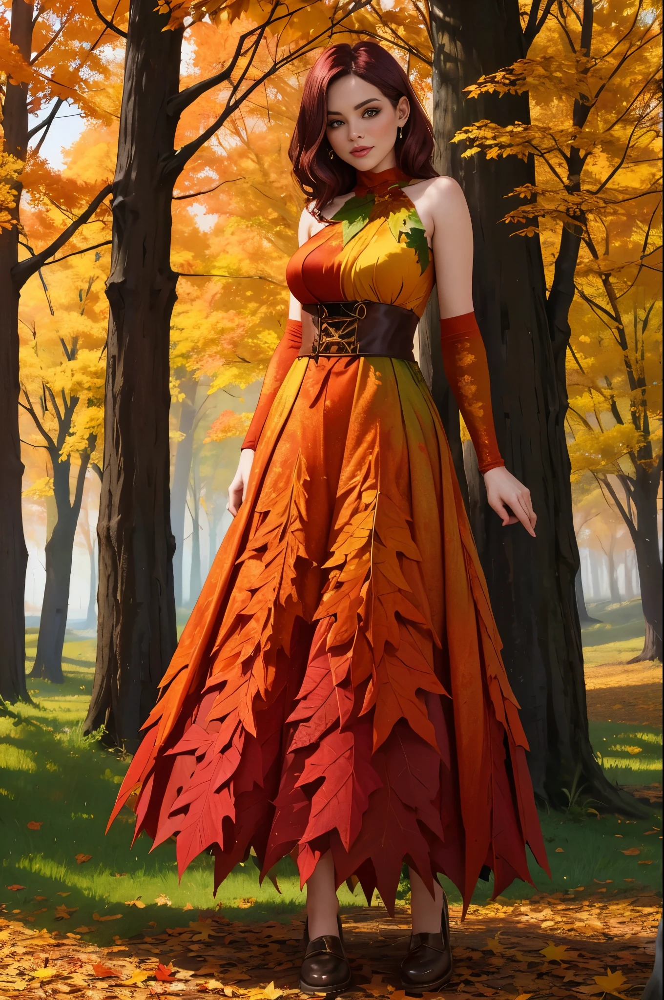 autumn dryad, full-body shot, gorgeous woman, autumn colours, leaf dress. sexy, lewd