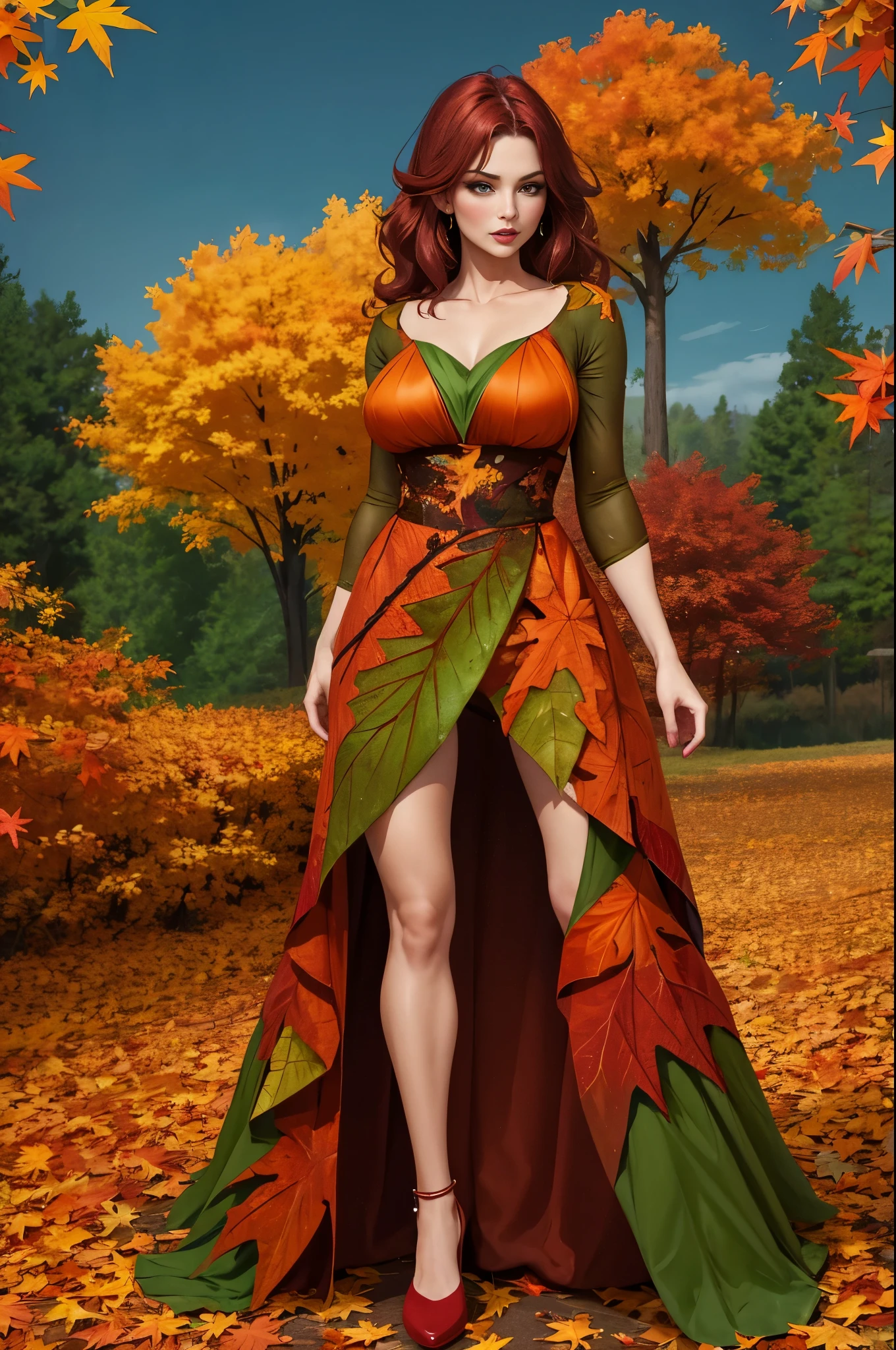 autumn dryad, full-body shot, gorgeous woman, autumn colours, leaf dress, sexy